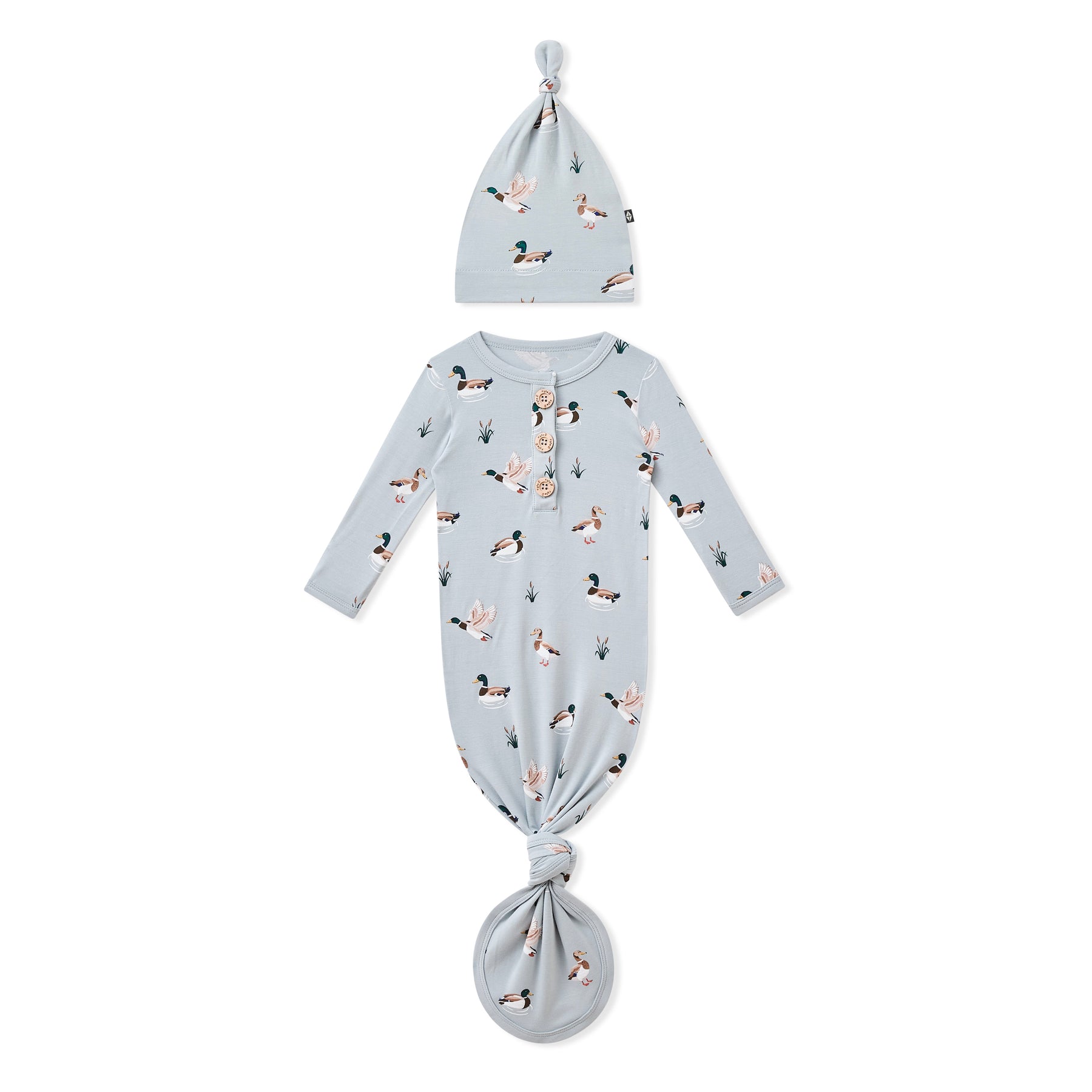 Product photo of the Knotted Gown with Hat Set in Mallard Duck on a white surface