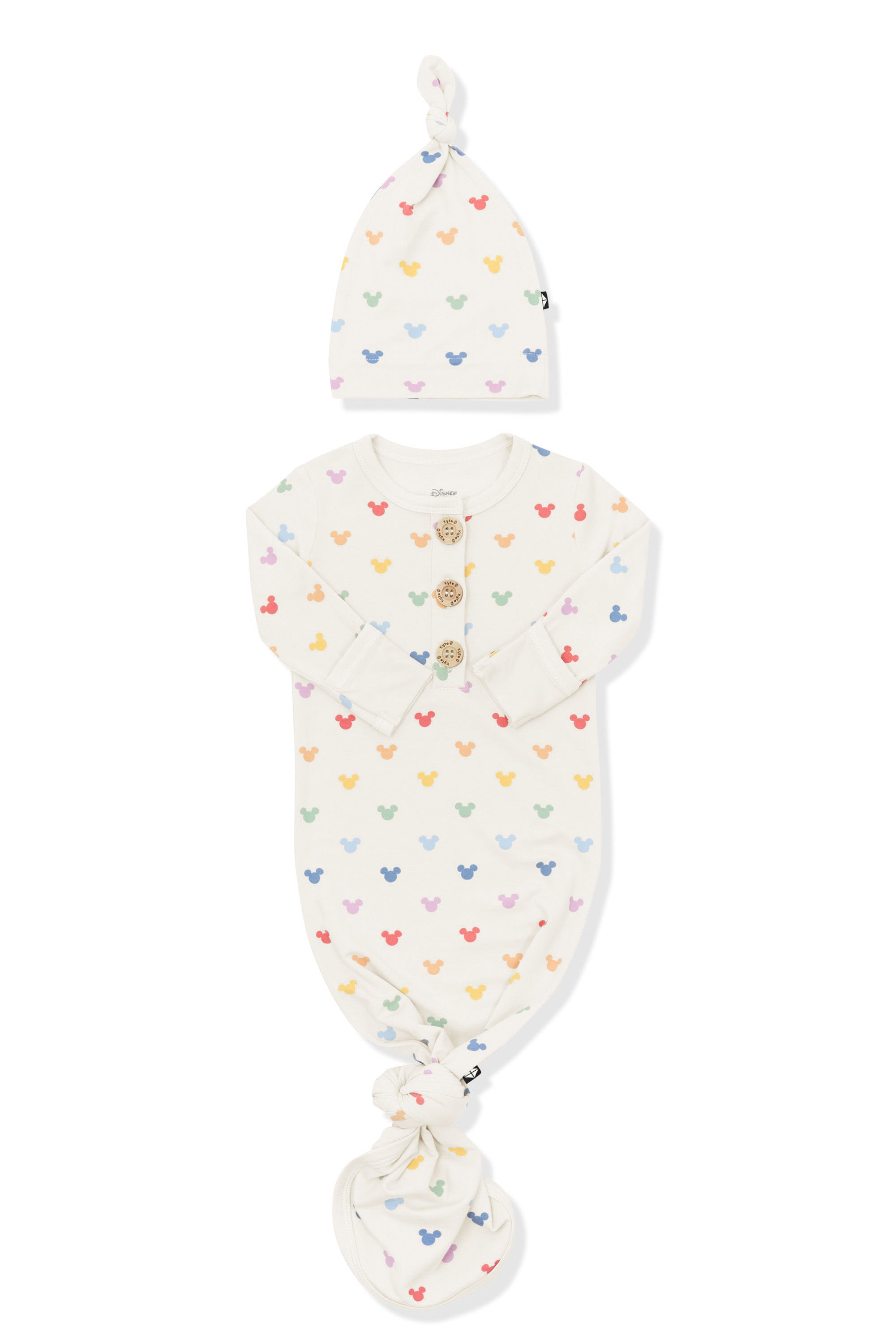 Front of Knotted Gown with Hat Set in Pastel Mickey Mouse pattern on an oat background