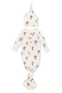 Knotted Gown with Hat Set in Mickey Mouse and Friends print on an oat background