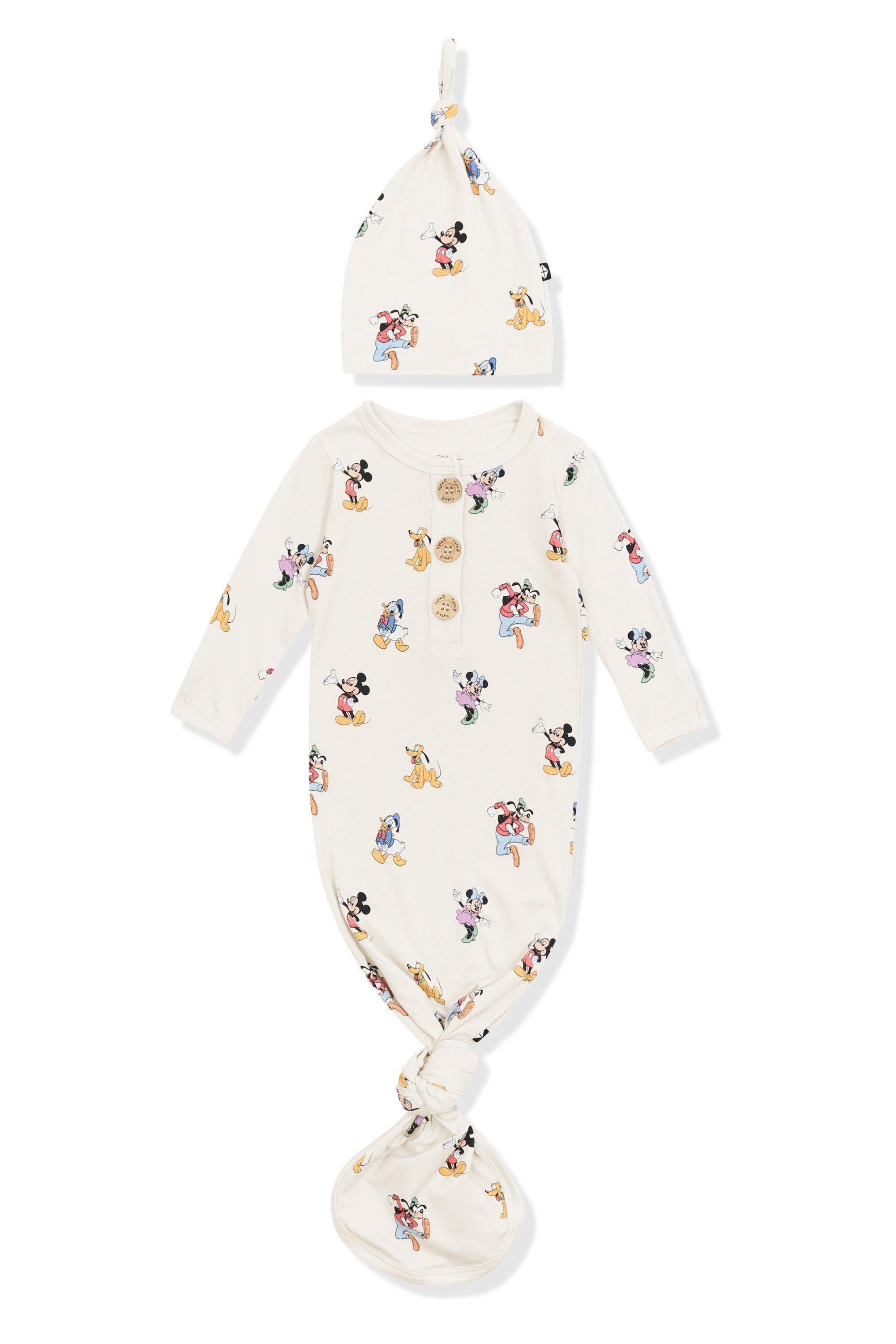 Knotted Gown with Hat Set in Mickey Mouse and Friends print on an oat background