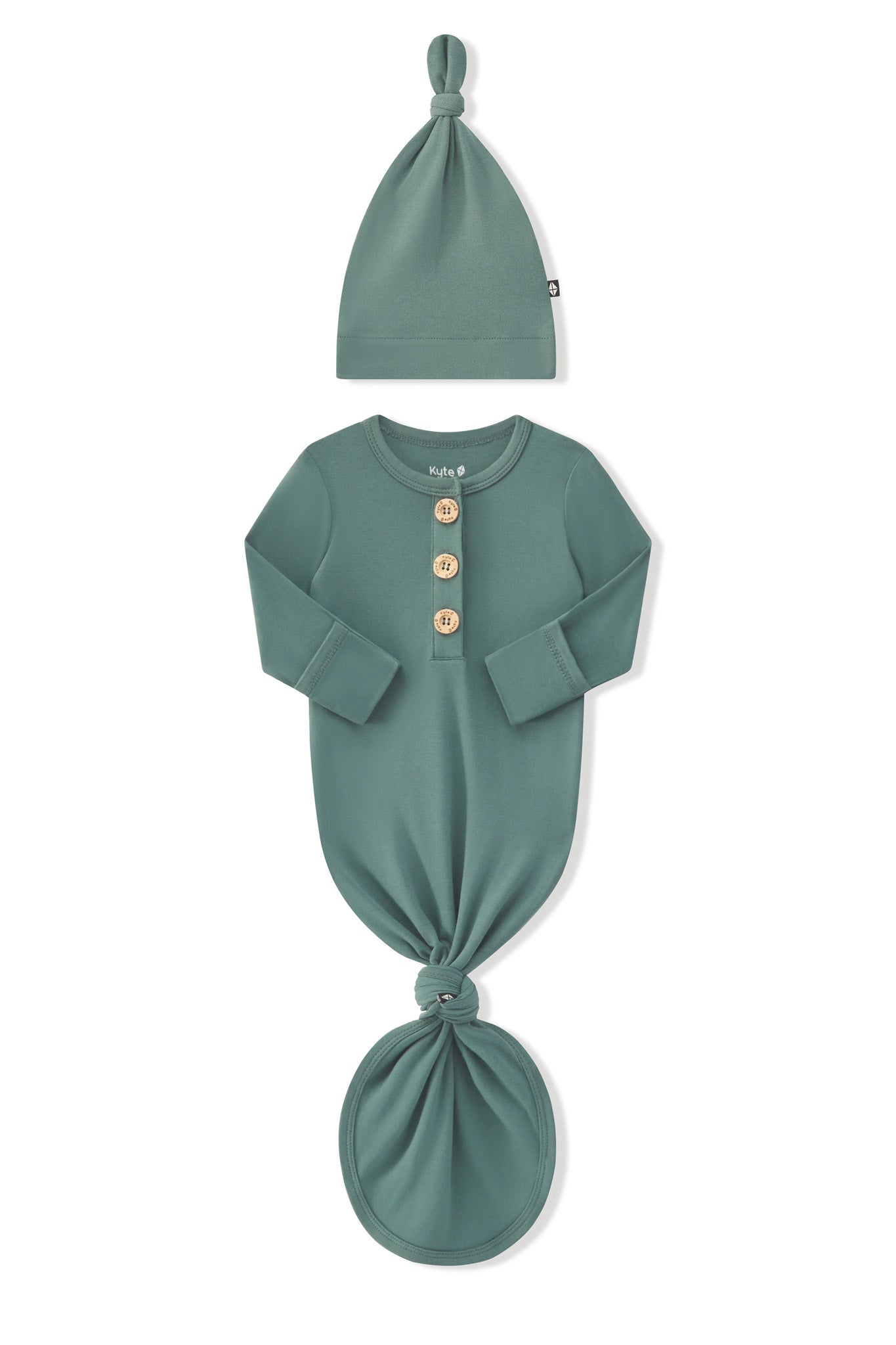 Arms of the Long Sleeve Bodysuit in Pine folded inward showing the fold over hand cuffs on a white background