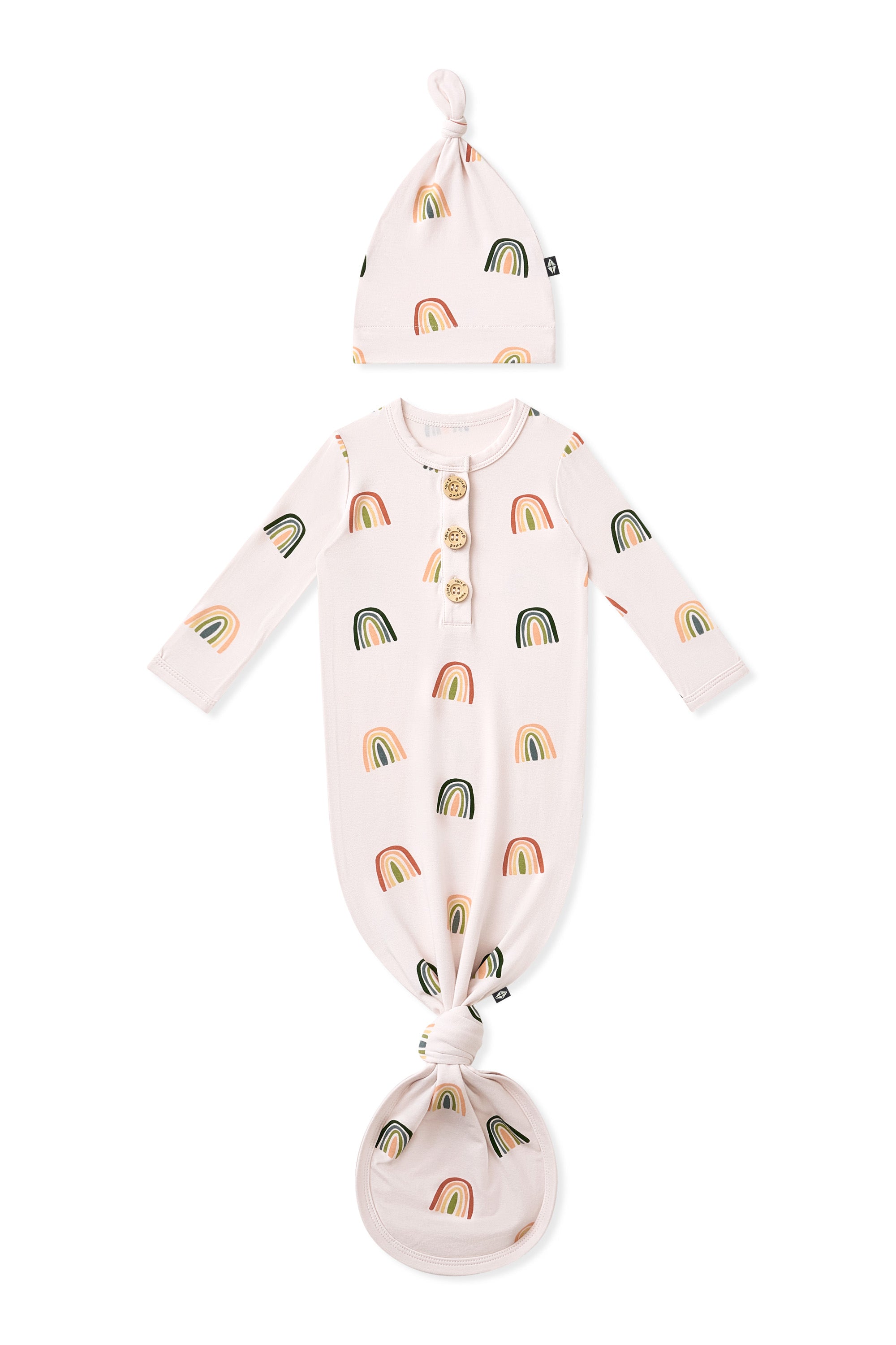 Vanilla cream Knotted Gown with Hat Set in Retro Rainbow print on a white background