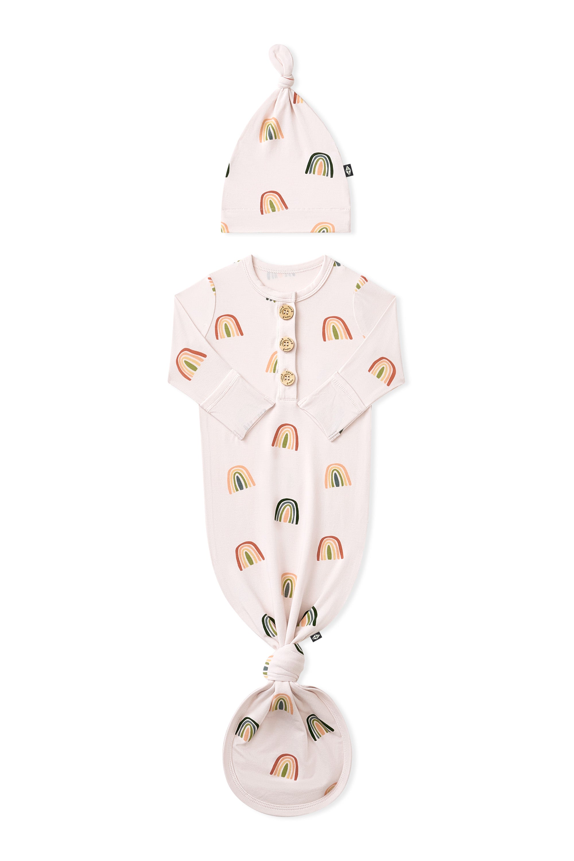 Vanilla cream Knotted Gown with Hat Set in Retro Rainbow print on a white background