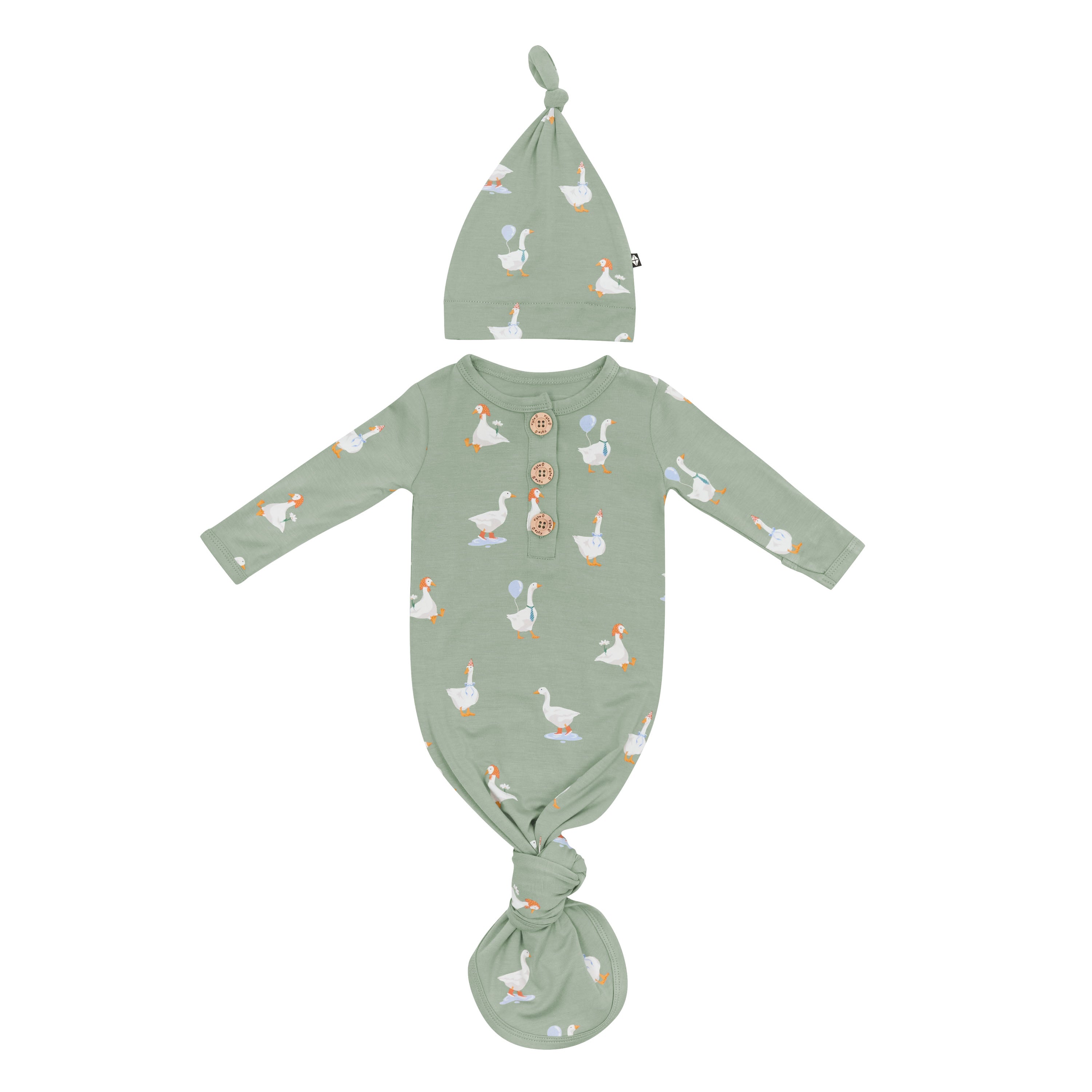 Product photo of the Knotted Gown with Hat Set in Silly Goose showing the knotted gown tied at the bottom and arms out