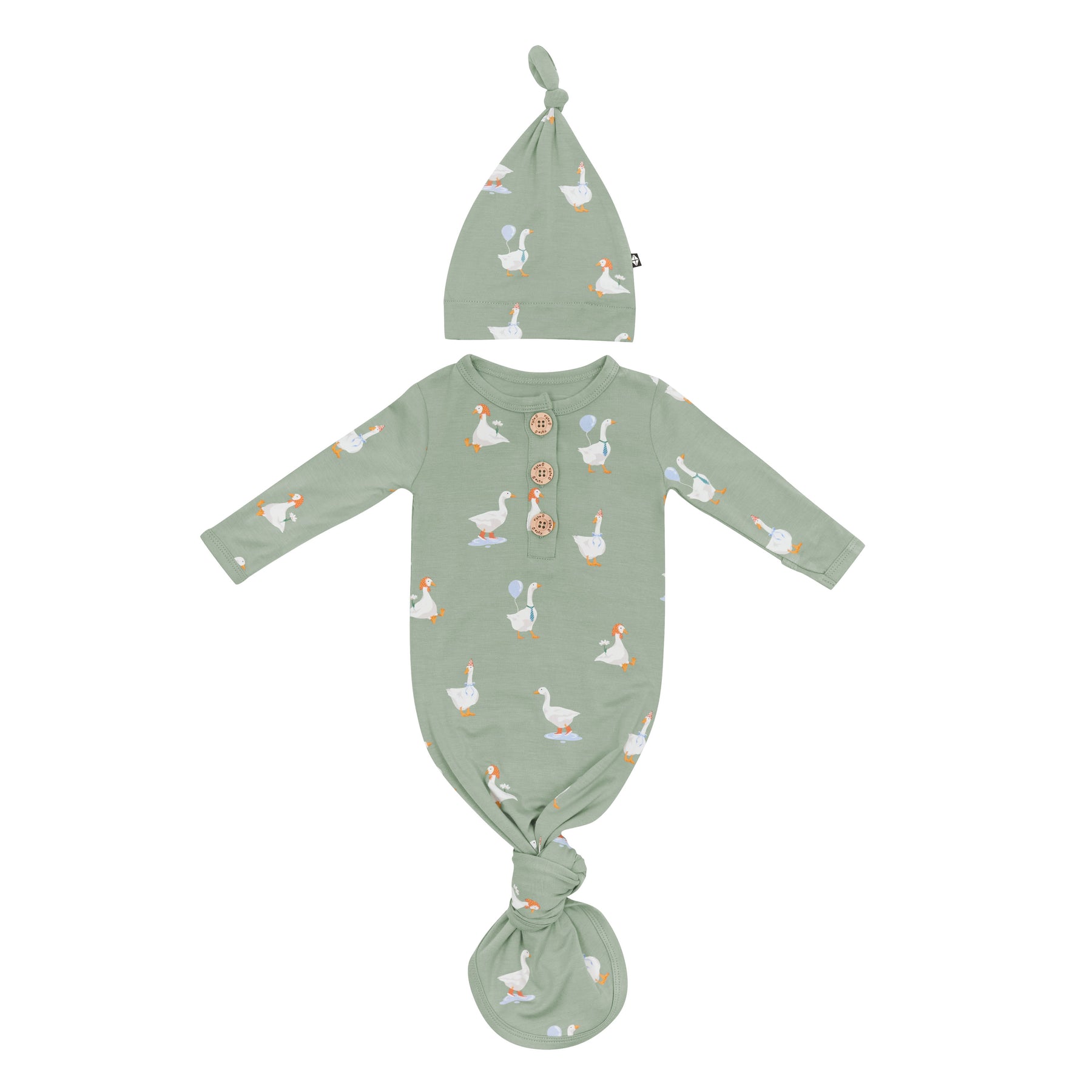 Product photo of the Knotted Gown with Hat Set in Silly Goose showing the knotted gown tied at the bottom and arms out