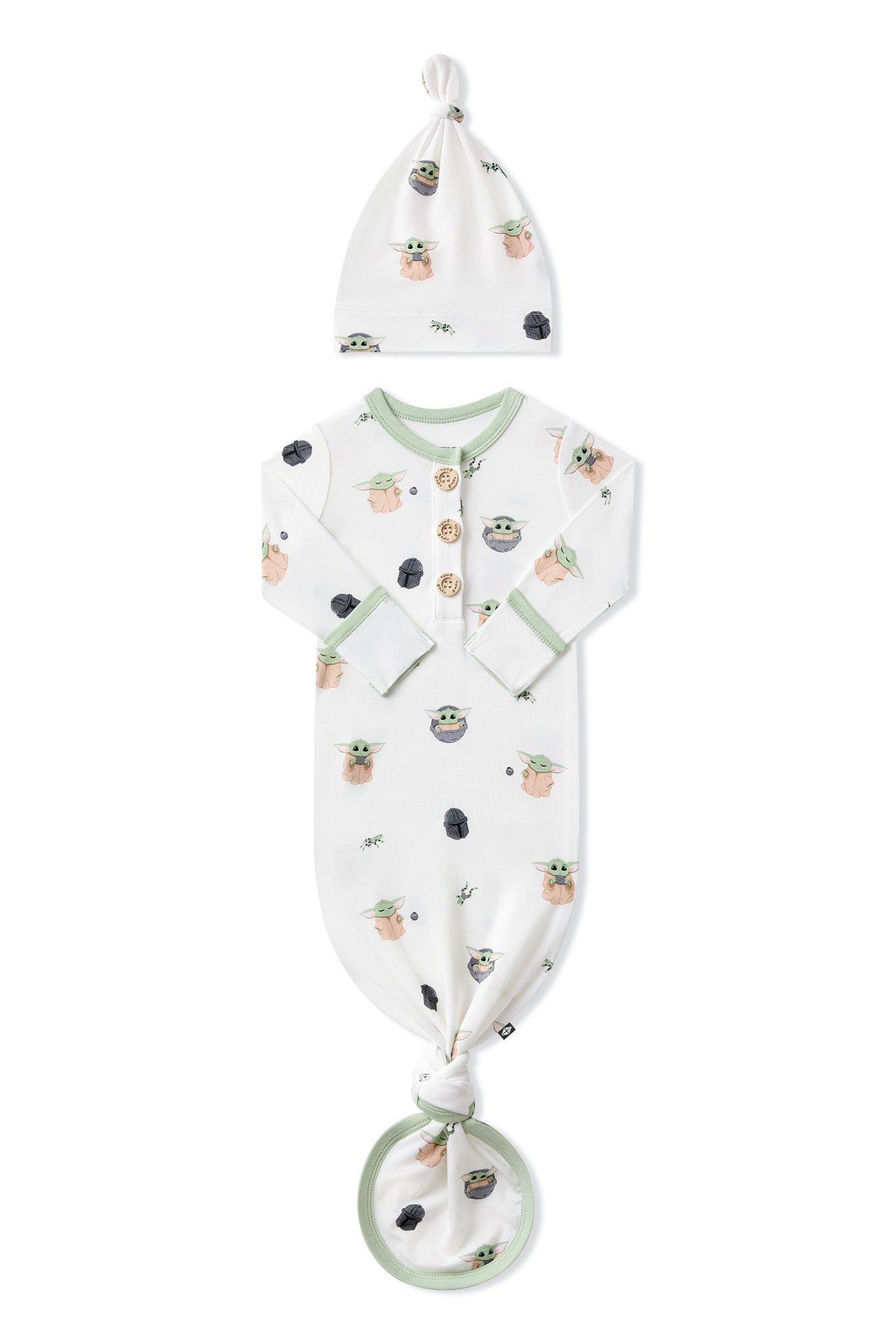 Knotted Gown with Hat Set in Grogu™ with the arms folded inward on a white surface