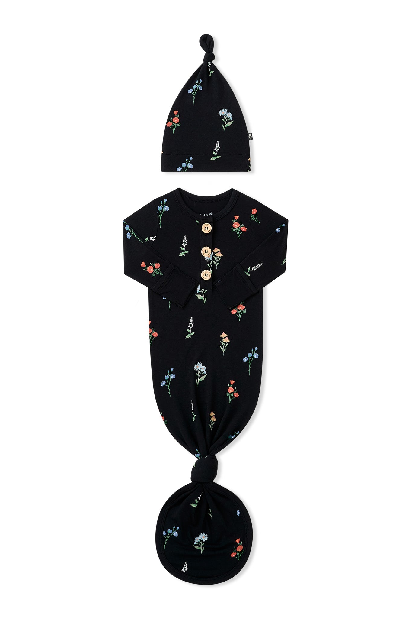 Black Knotted Gown with Hat Set with Wildflower print on a white background