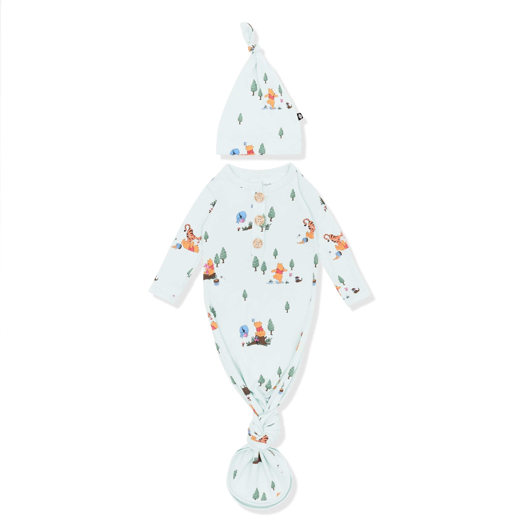 Knotted Gown with Hat Set in Winnie the Pooh Hundred Acre Wood shown on a white surface