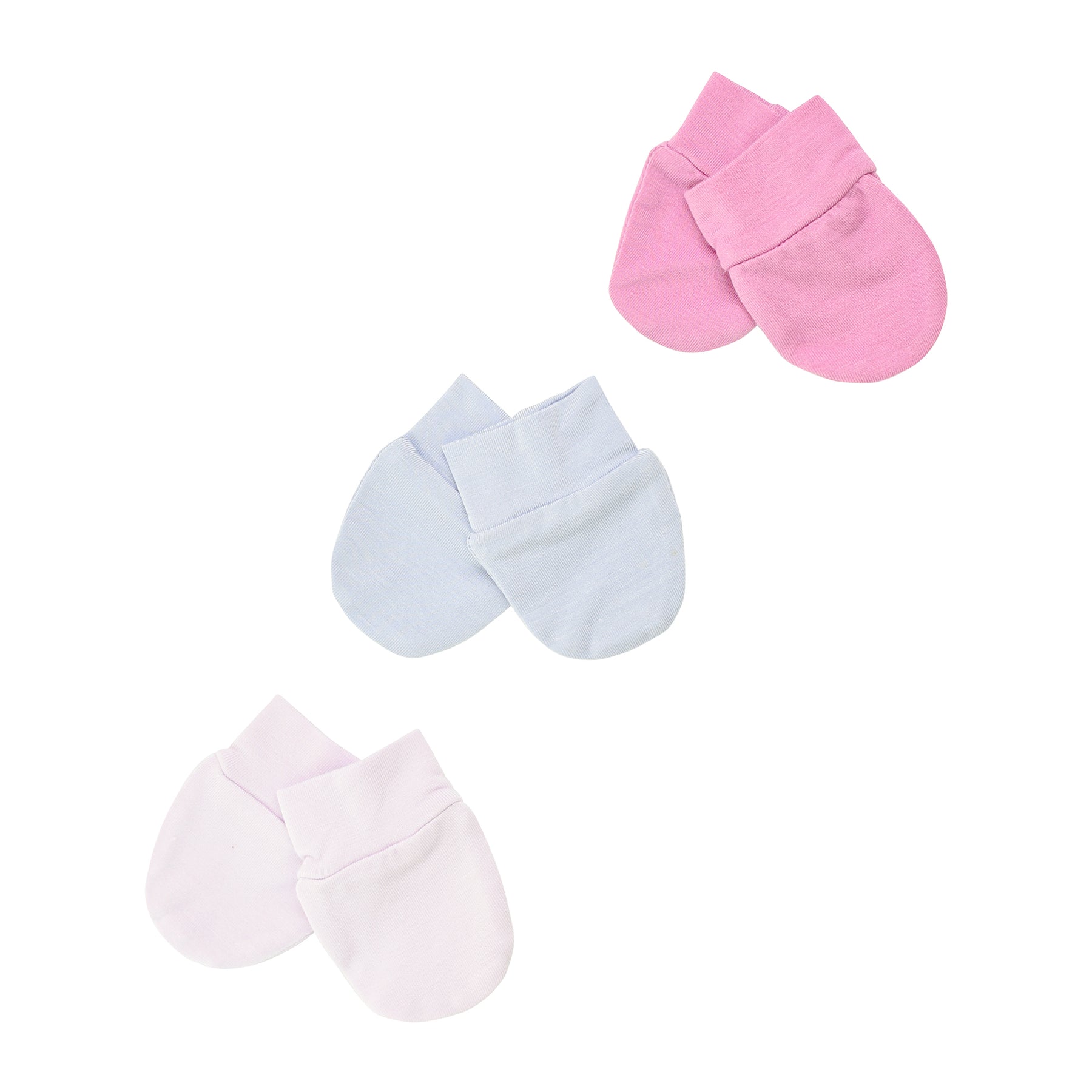 Three pairs of baby mittens in soft pastel colors, including pink, light blue, and pale pink, arranged diagonally on a solid white background.