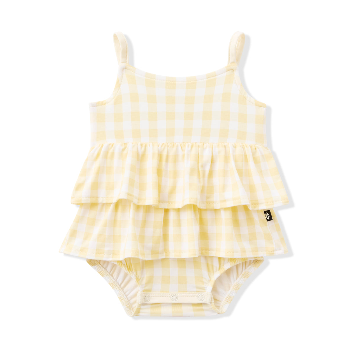 Product photo of the Spaghetti Strap Ruffle Romper in Gingham Chamomile