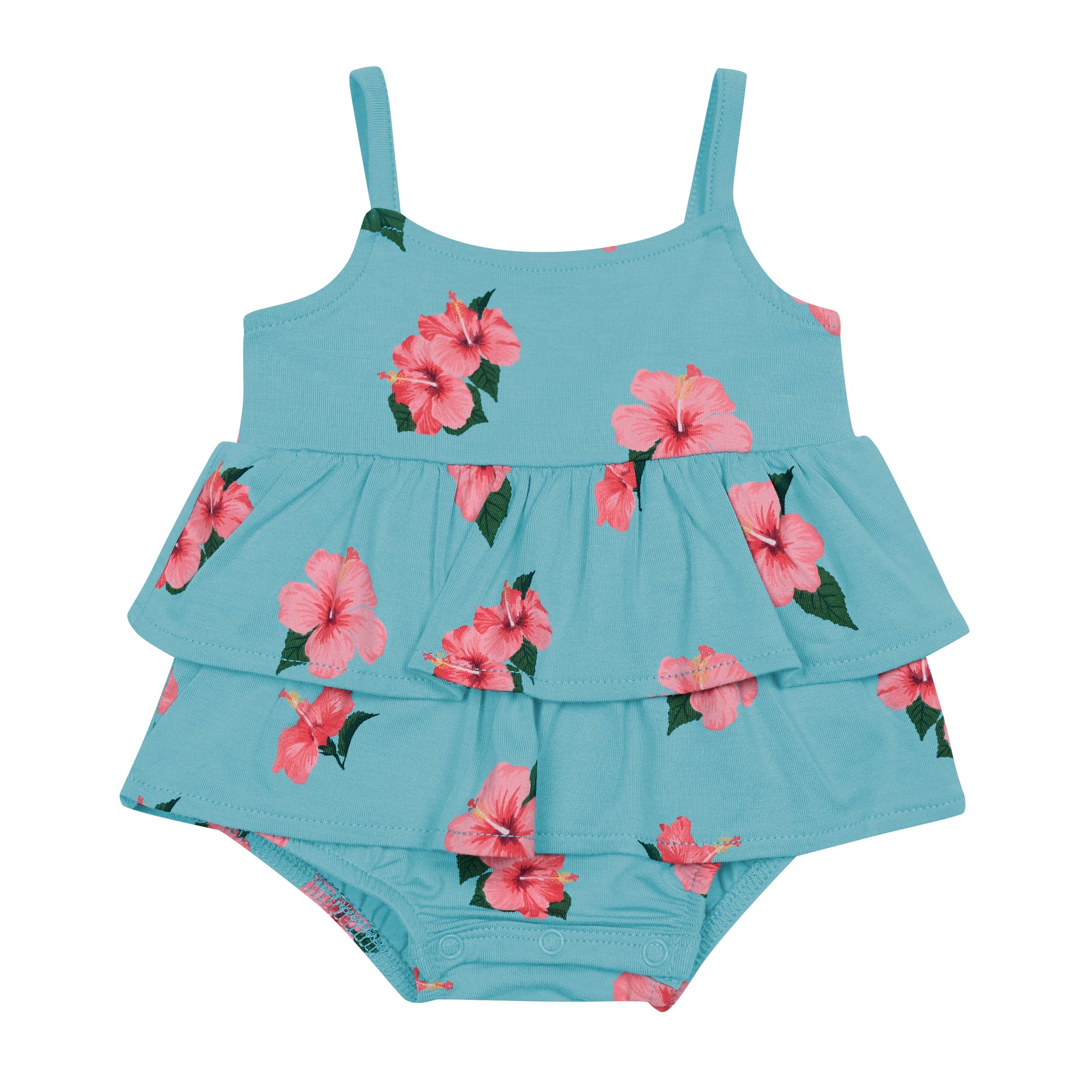 Spaghetti Strap Ruffle Romper in Hibiscus