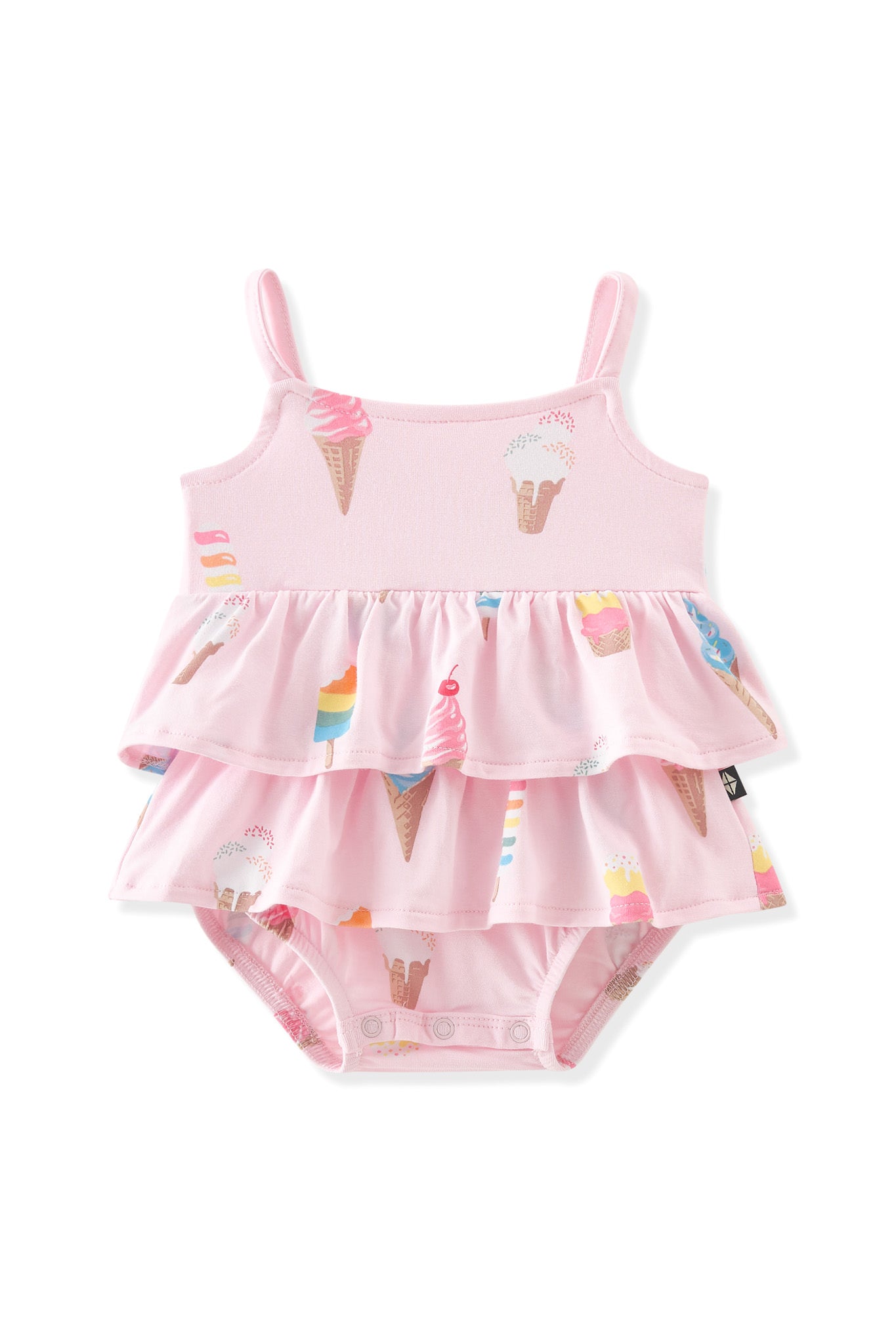 Pink Spaghetti Strap Ruffle Romper with Ice Cream print on white background