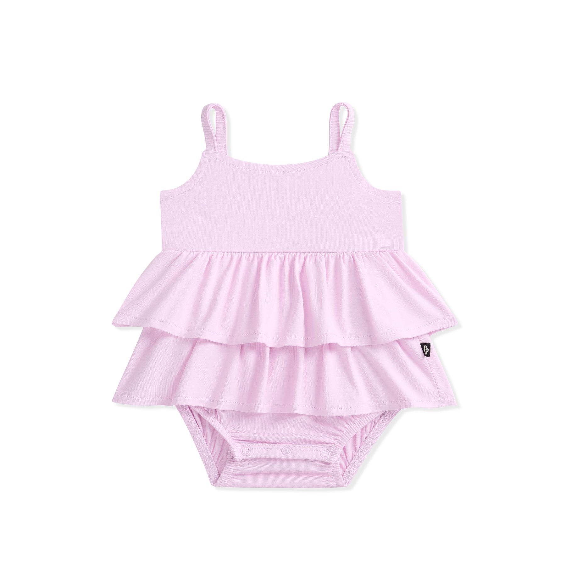 Purple baby bodysuit dress with ruffled layers on a white background