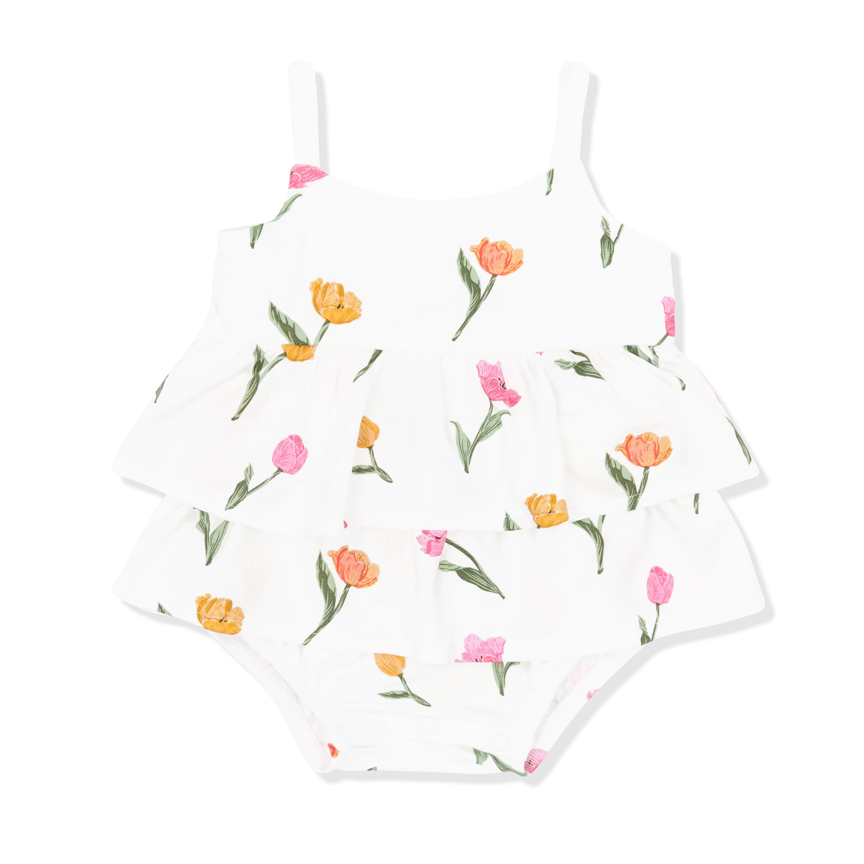 Product photo of the Spaghetti Strap Ruffle Romper in Tulip