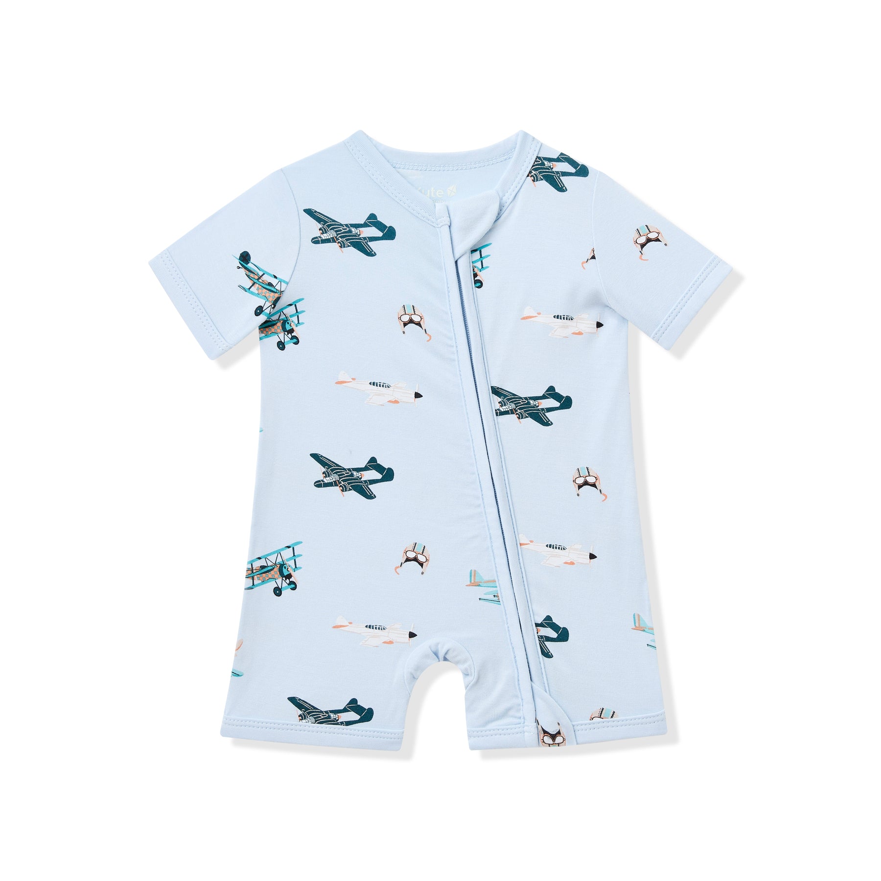 Product photo of the Zipper Shortall Romper in Take Off shown on a white background