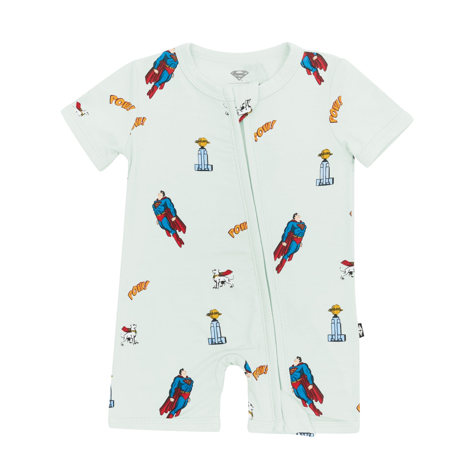 Kyte Baby's Zipper Shortall Romper in Superman™