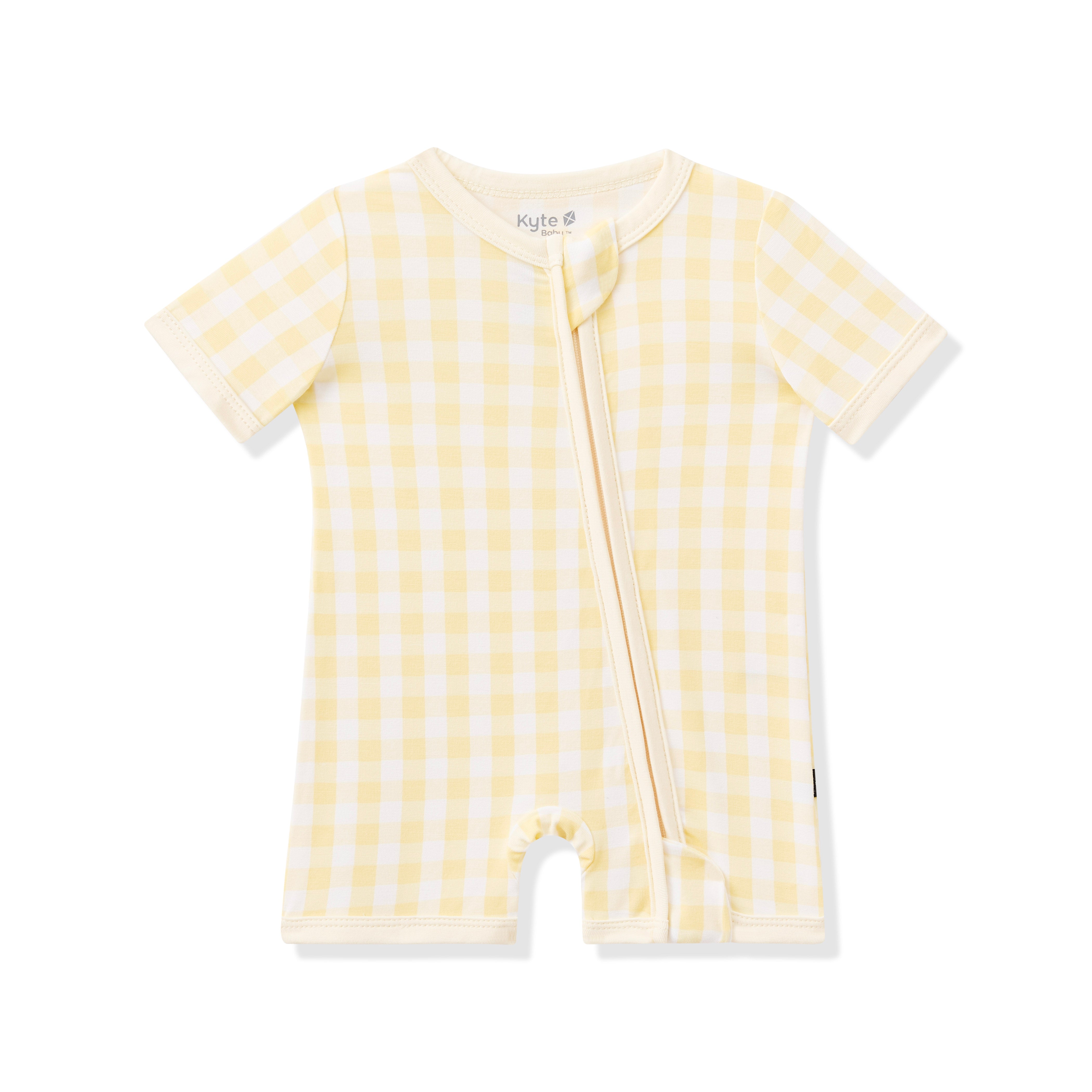 Product photo of the Zipper Shortall Romper in Gingham Chamomile