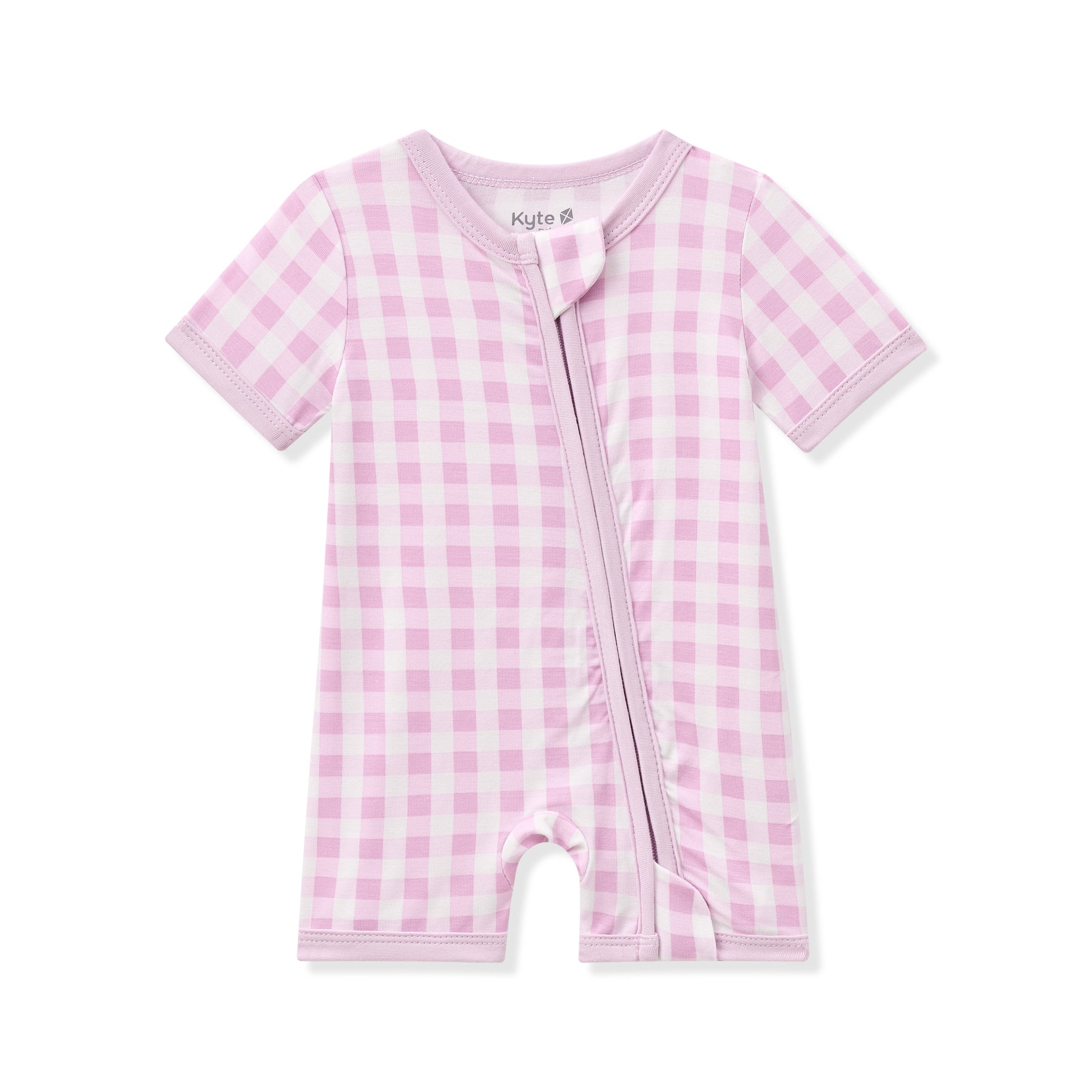 Product photo of the Zipper Shortall Romper in Gingham Thistle