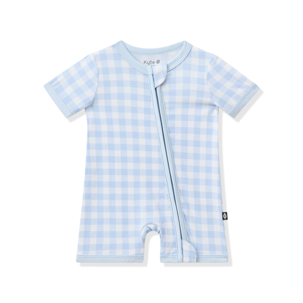 Product photo of the Zipper Shortall Romper in Gingham Breeze