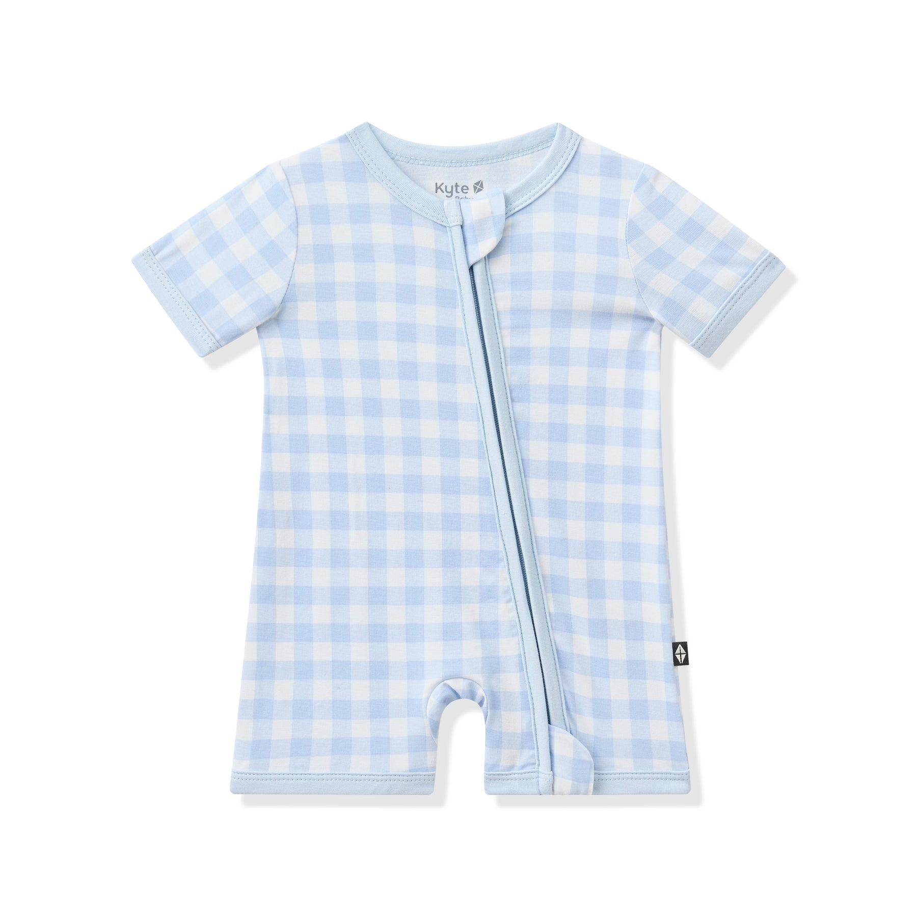 Product photo of the Zipper Shortall Romper in Gingham Breeze