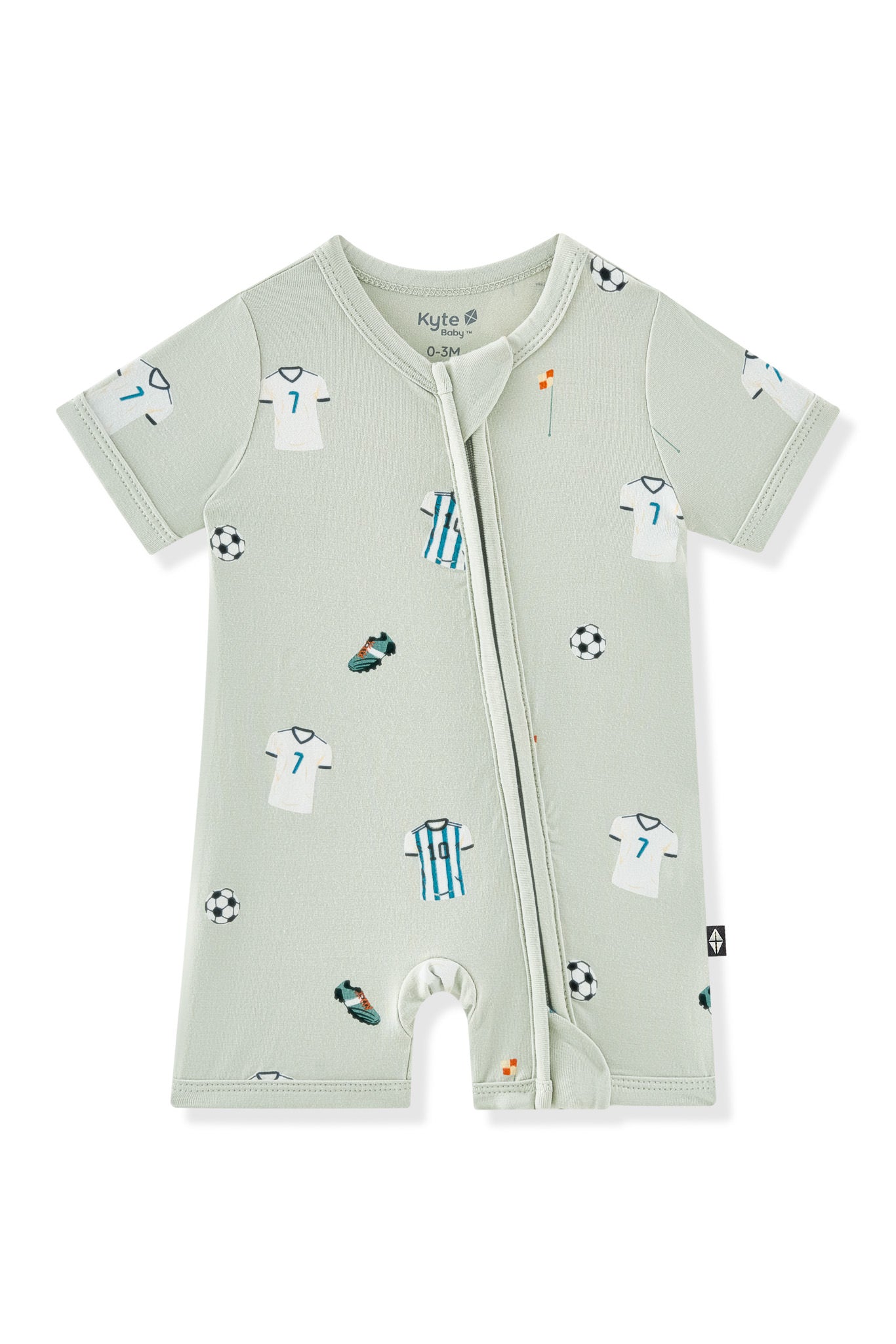 Zipper Shortall Romper with Soccer  print on white background