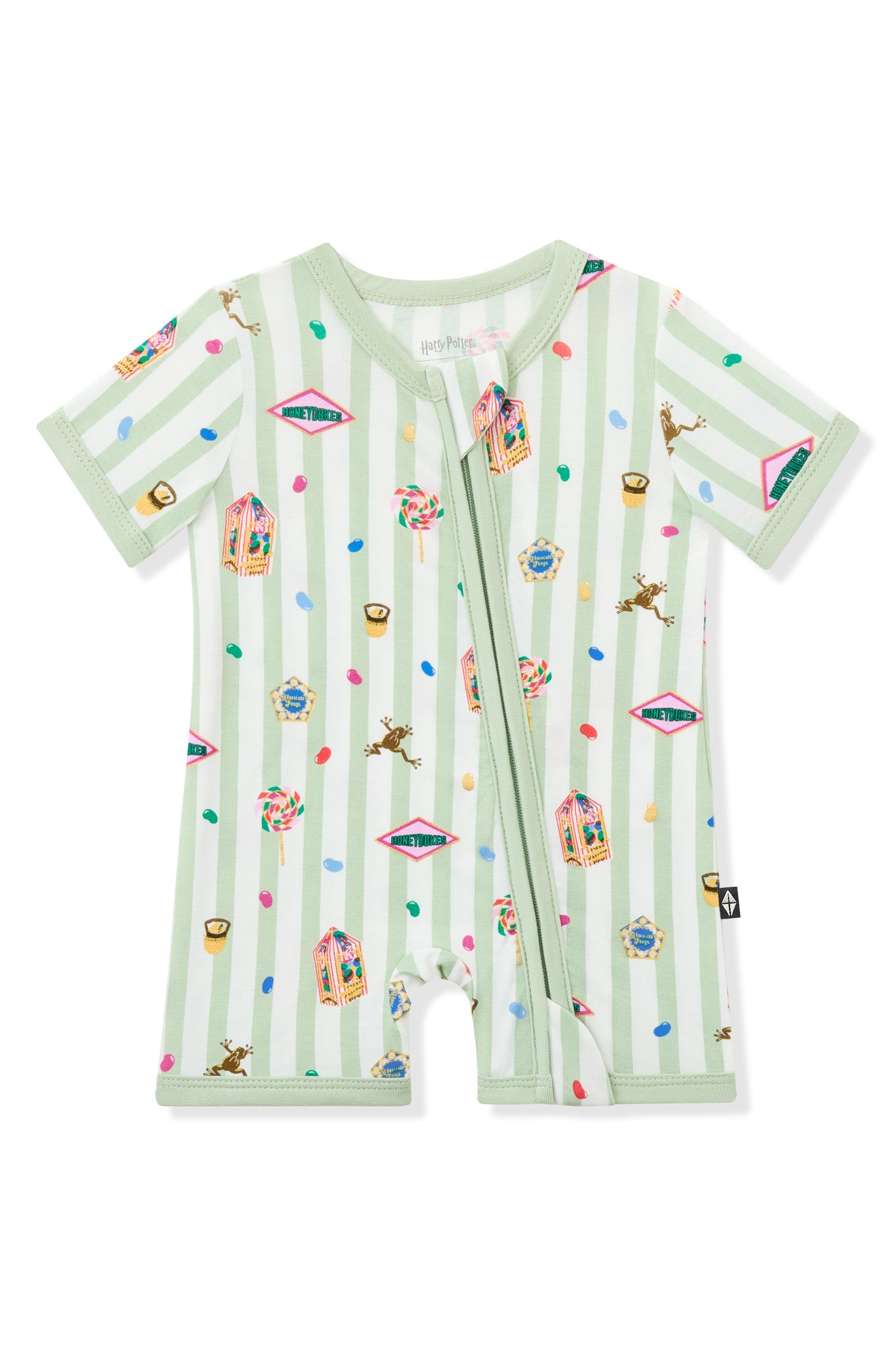 Green and white striped zippered shortall romper with colorful Harry Potter patterns on a white background