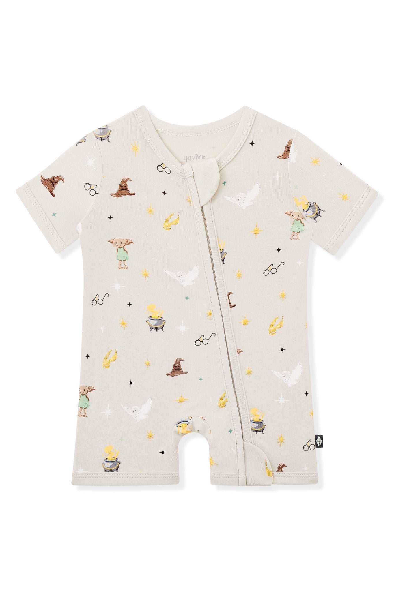 Cream Zippered Shortall Romper with Harry Potter prints on a white background