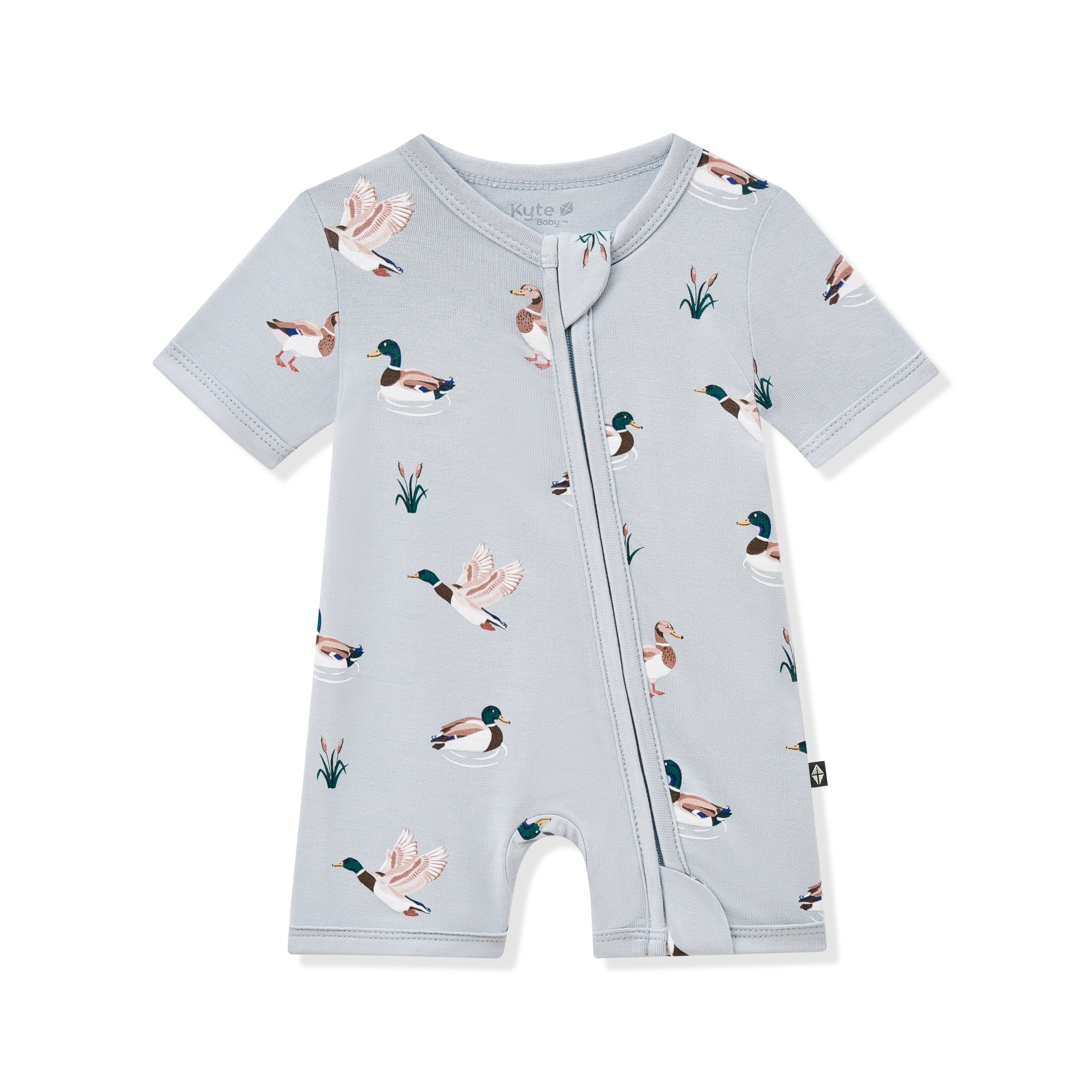 Product photo of the Zipper Shortall Romper in Mallard Duck on a white background