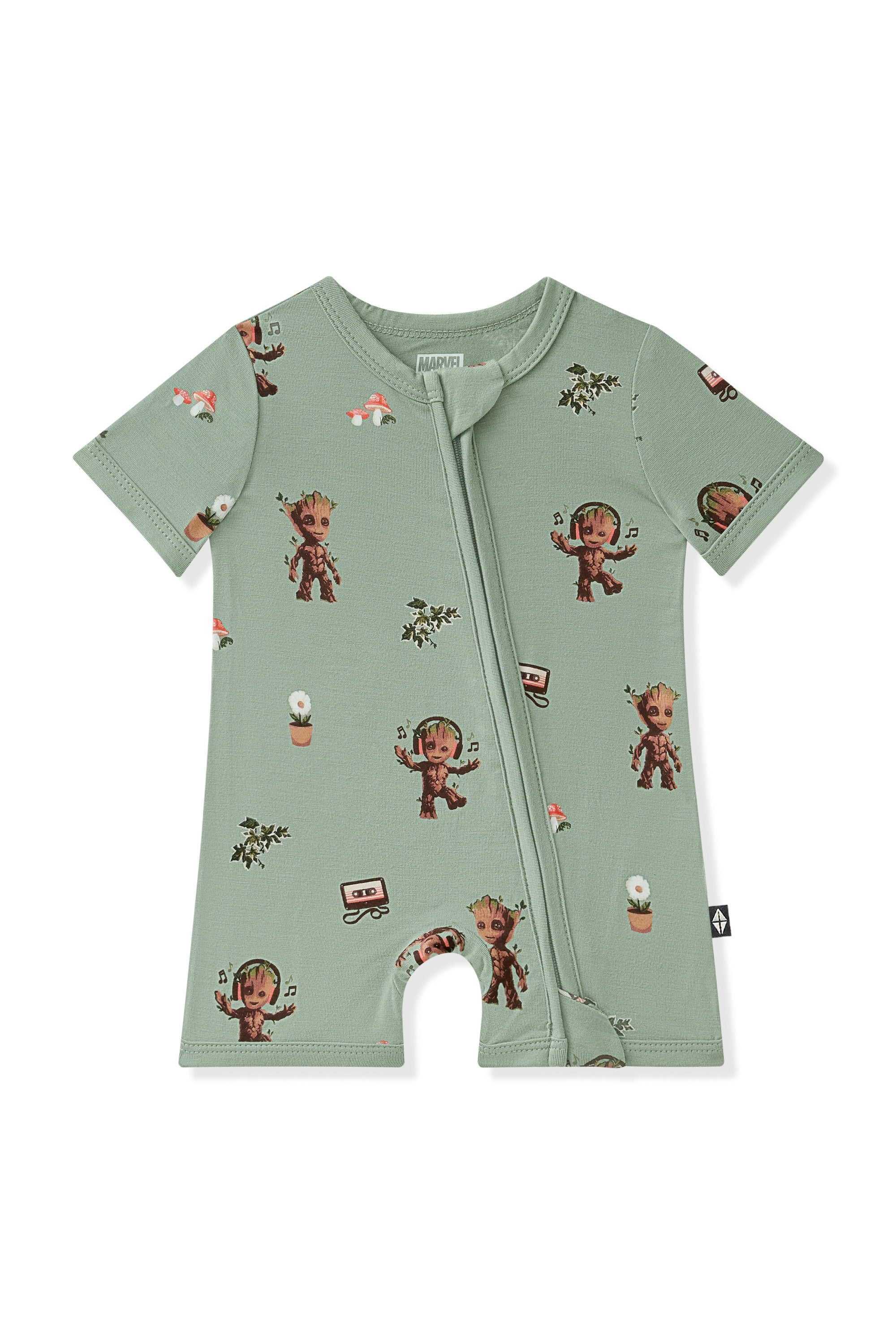 Green Zipper Shortall Romper with Groot print on white background
