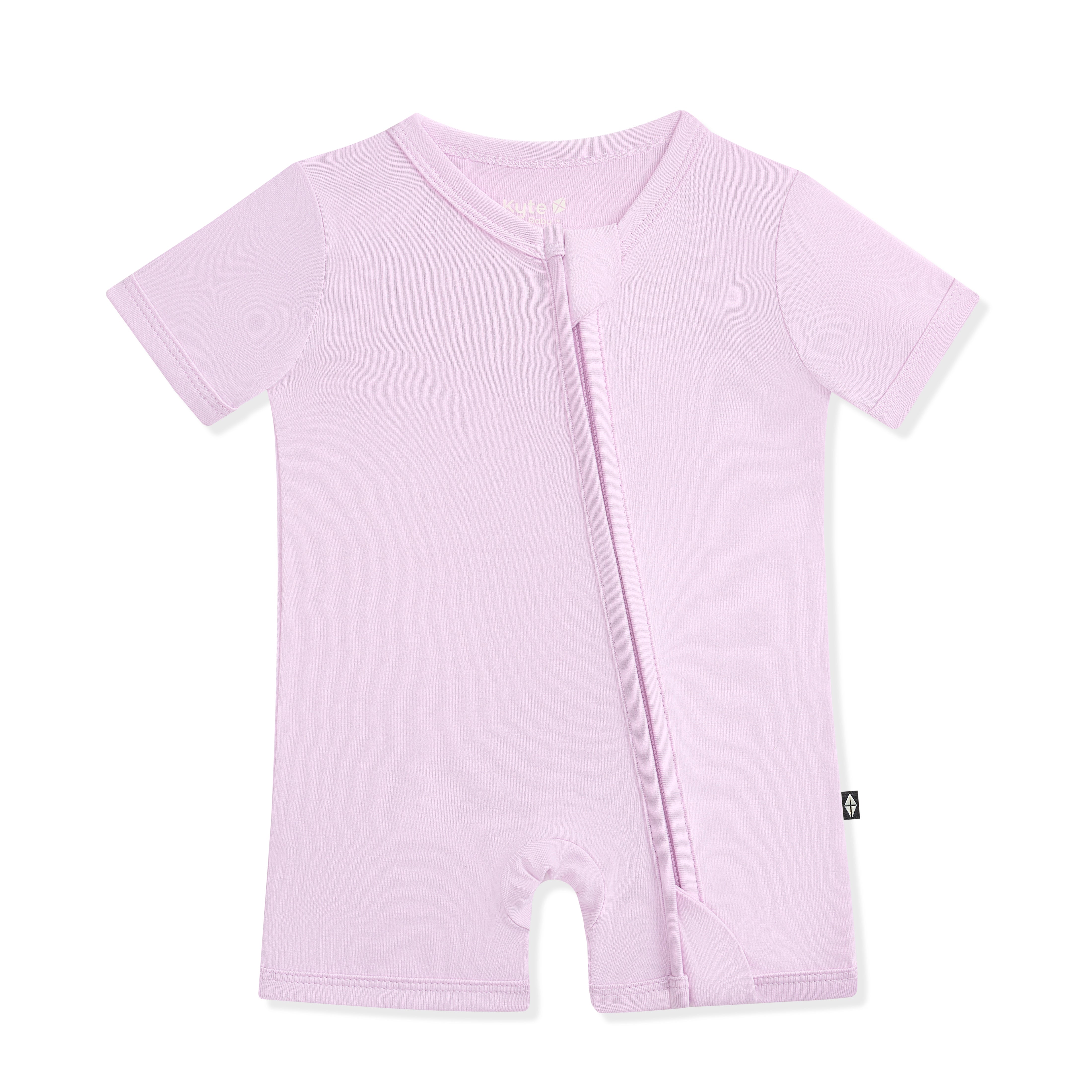 Light purple baby romper with a zipper on a white background