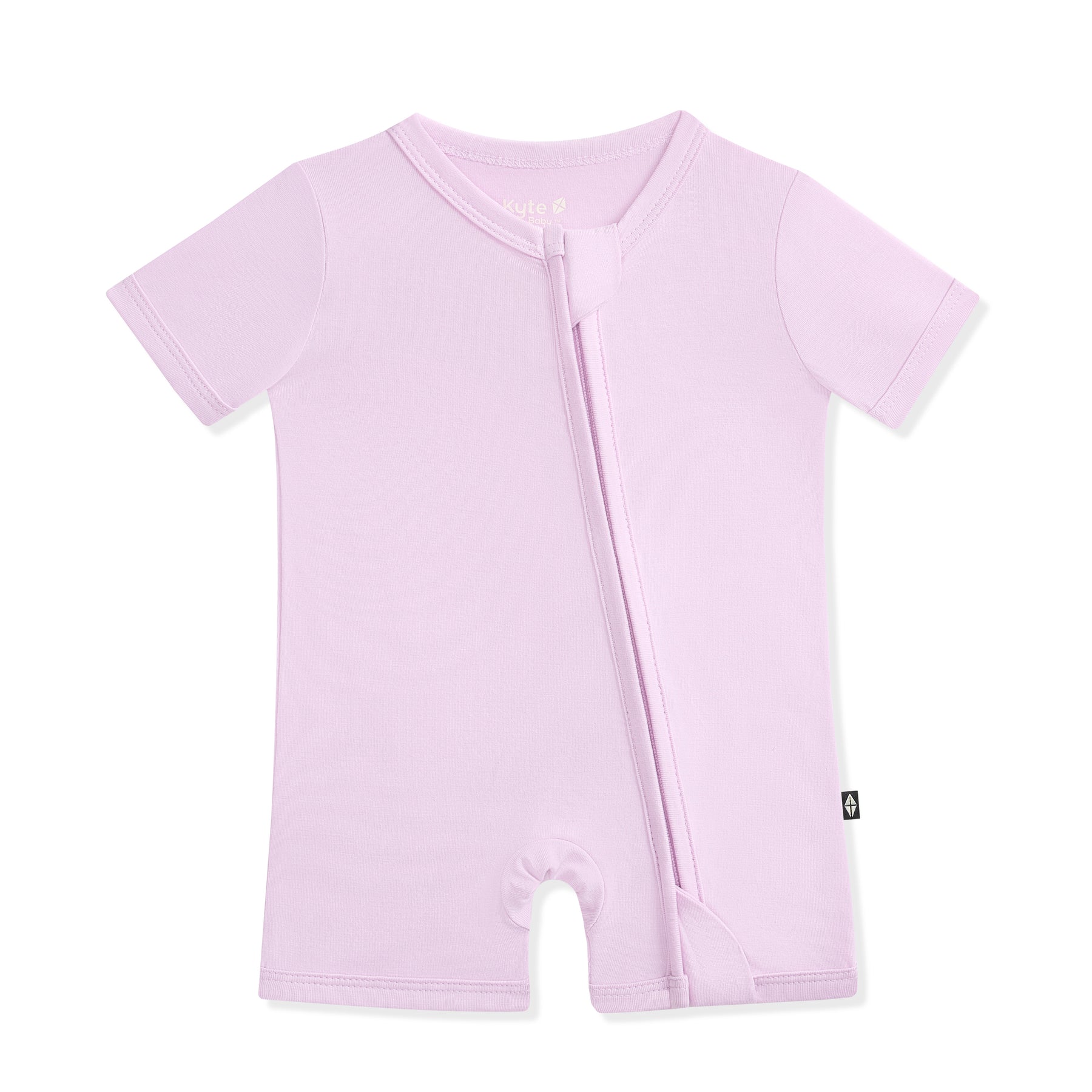 Light purple baby romper with a zipper on a white background
