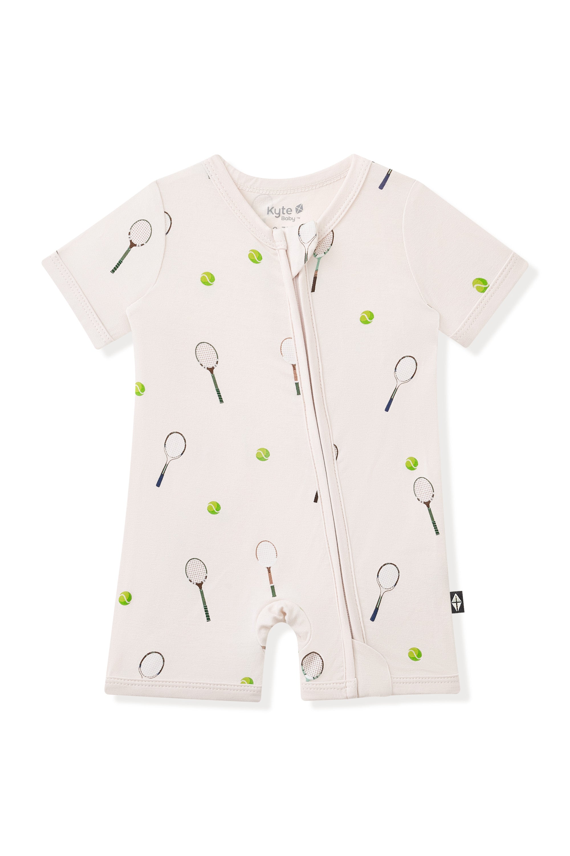 Zipper Shortall Romper in Tennis print on a white background
