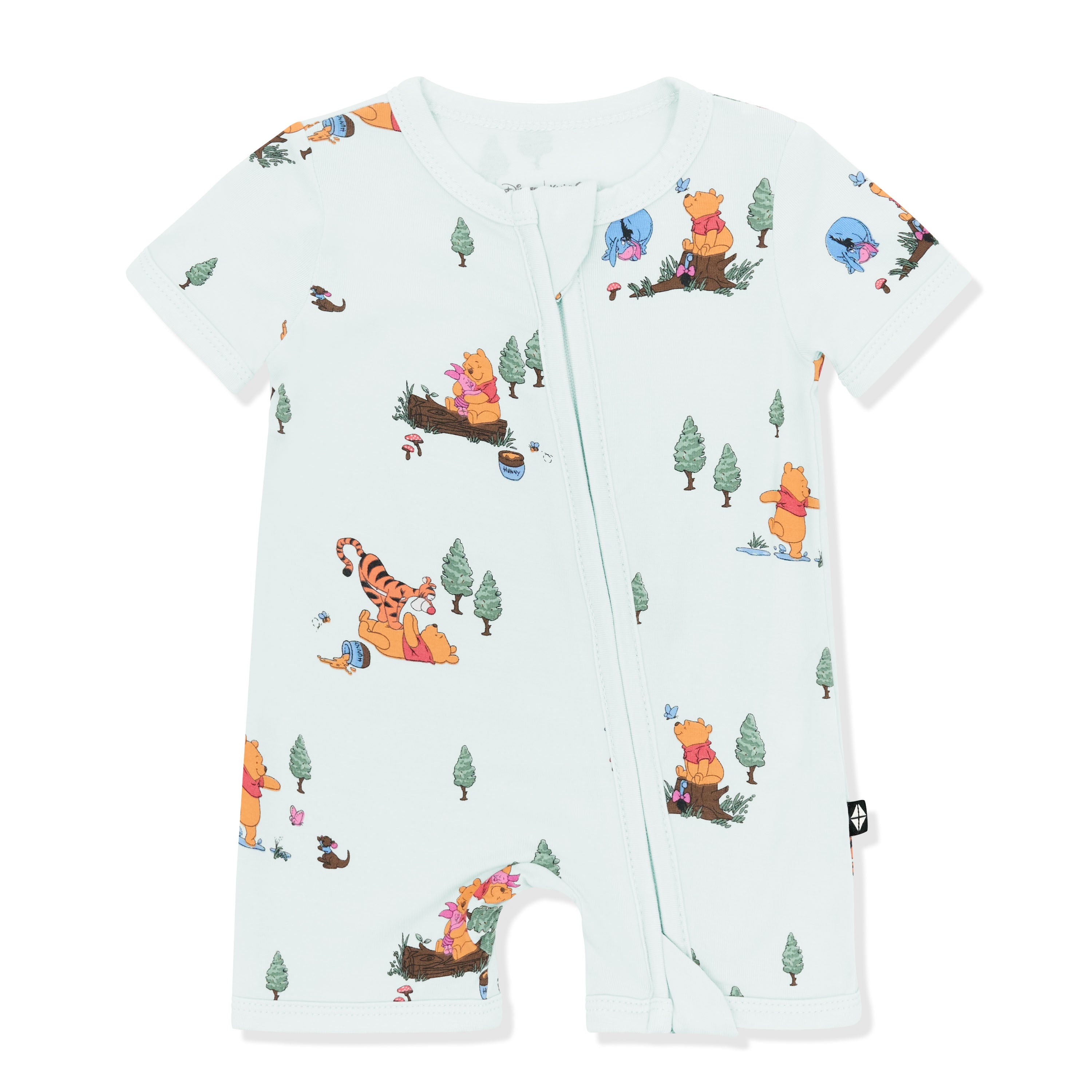 Product photo of the Zipper Shortall Romper in Winnie the Pooh Hundred Acre Wood