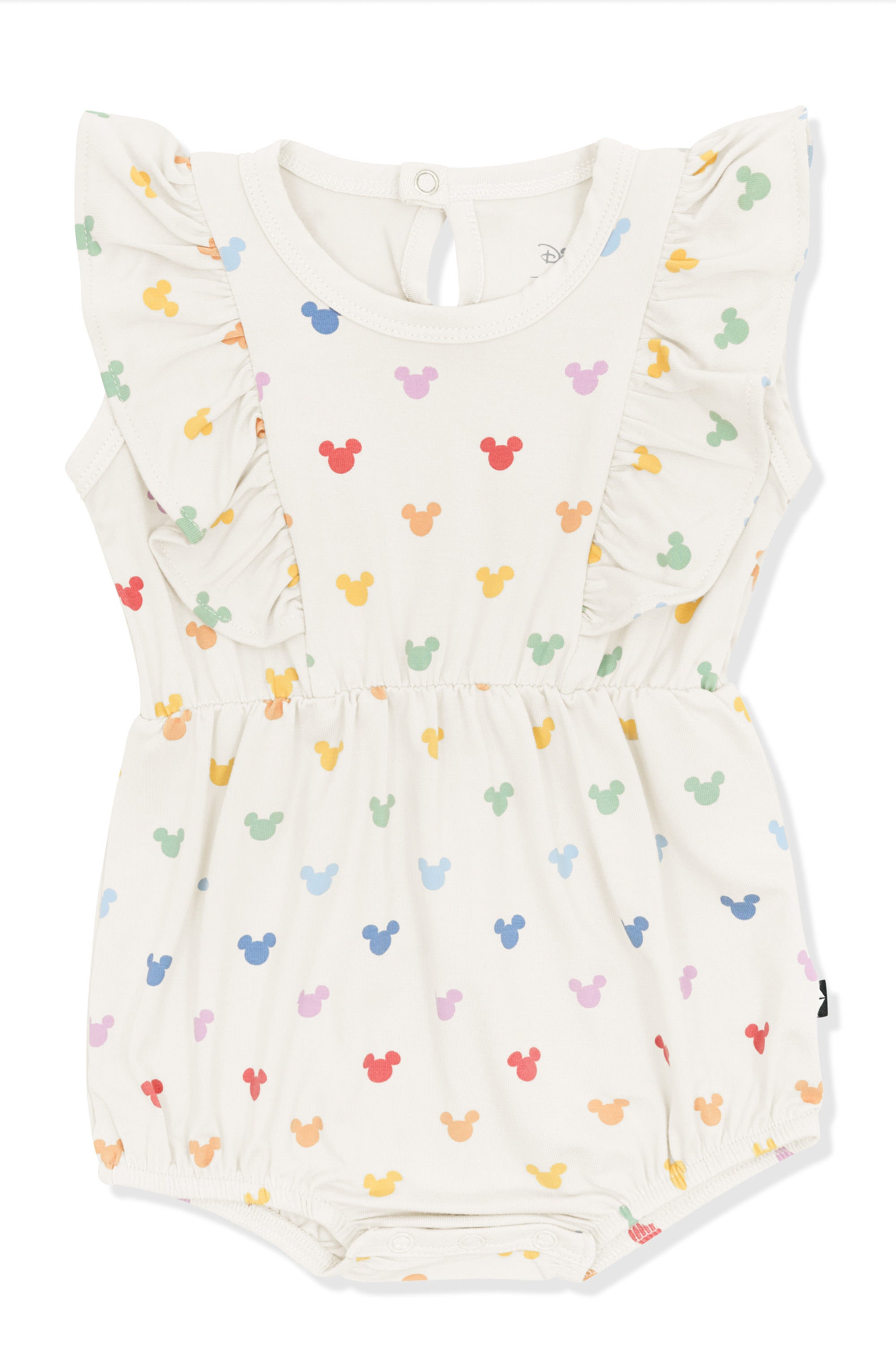 Bubble Romper with pastel mickey mouse pattern on an oat background
