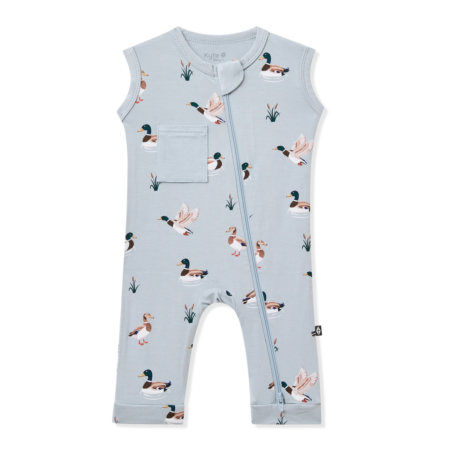 Product photo of the Zippered Sleeveless Romper in Mallard Duck