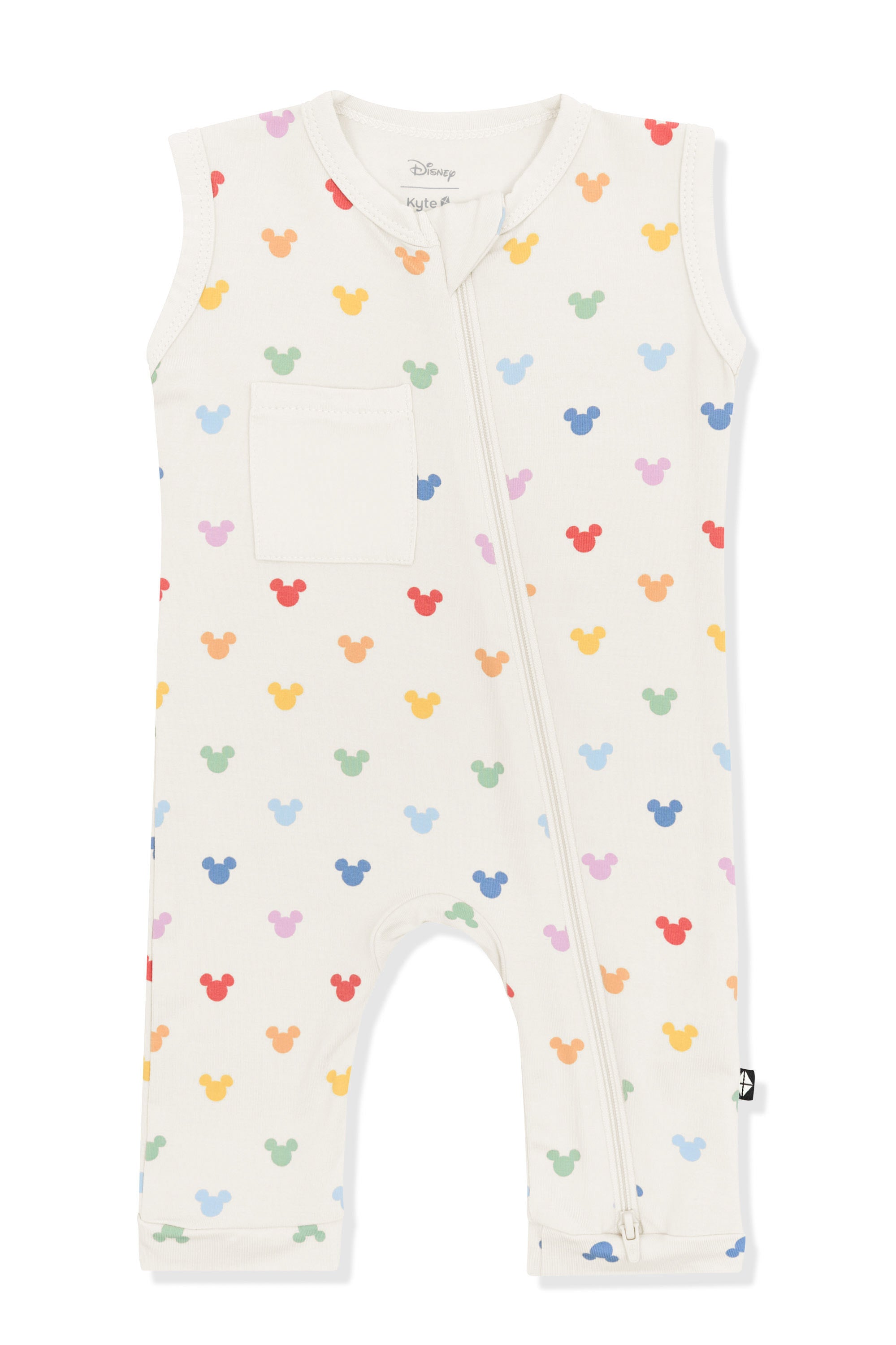 Zippered Sleeveless Romper with Pastel Mickey Mouse pattern on an oat background
