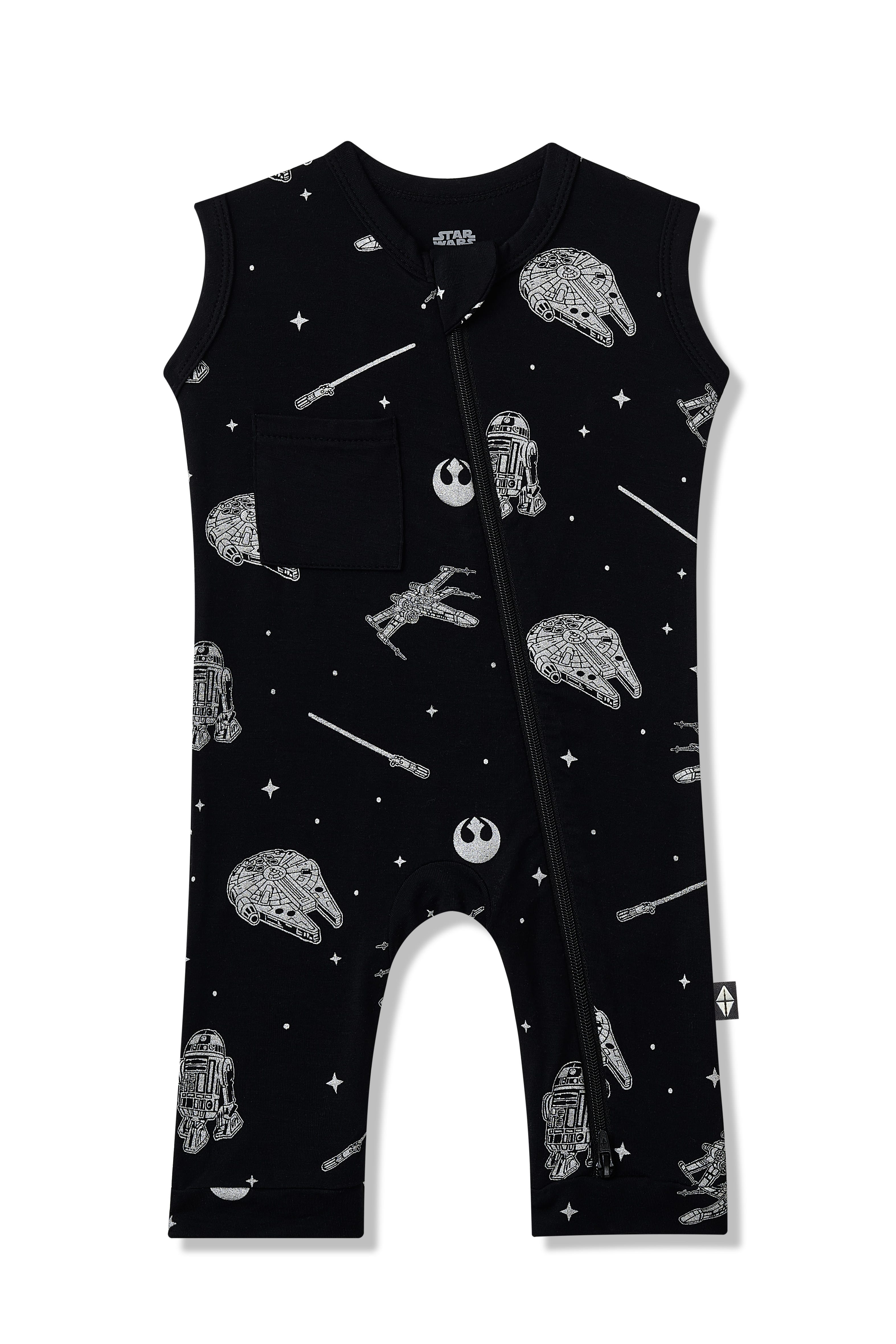 Product photo of the Zippered Sleeveless Romper in STAR WARS™ on a white surface