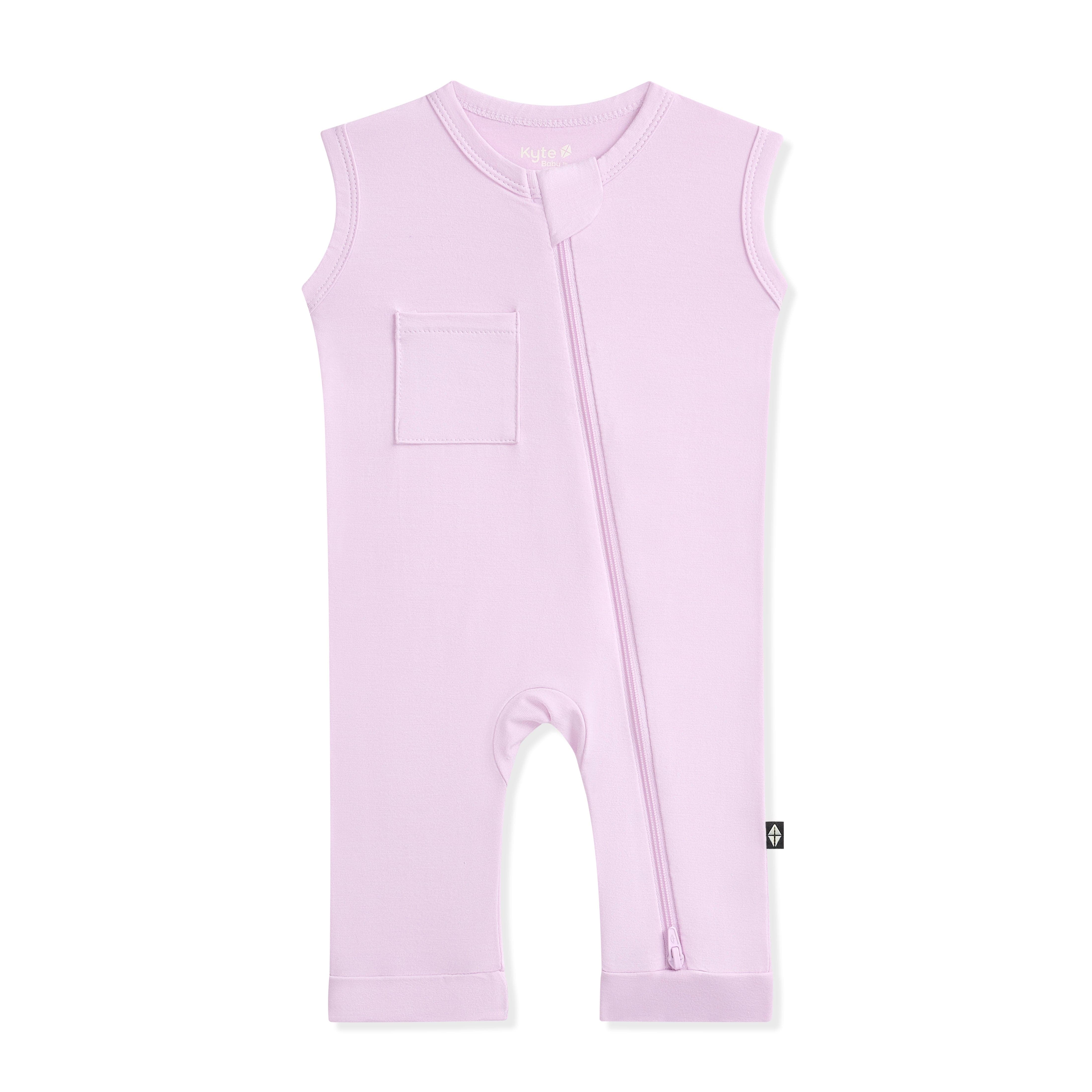 Purple sleeveless baby romper with a zipper on a white background