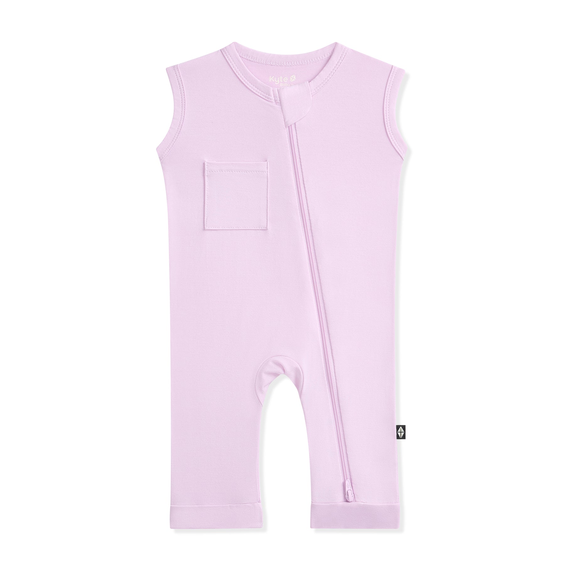 Purple sleeveless baby romper with a zipper on a white background