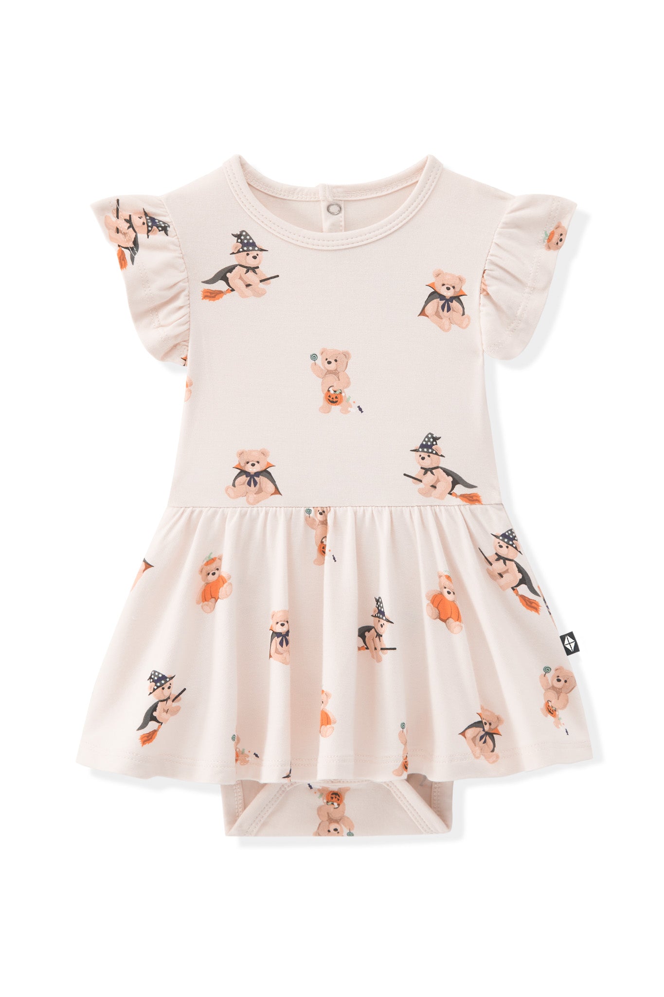 Beige Twirl Bodysuit Dress in Halloween Teddy print on a white background