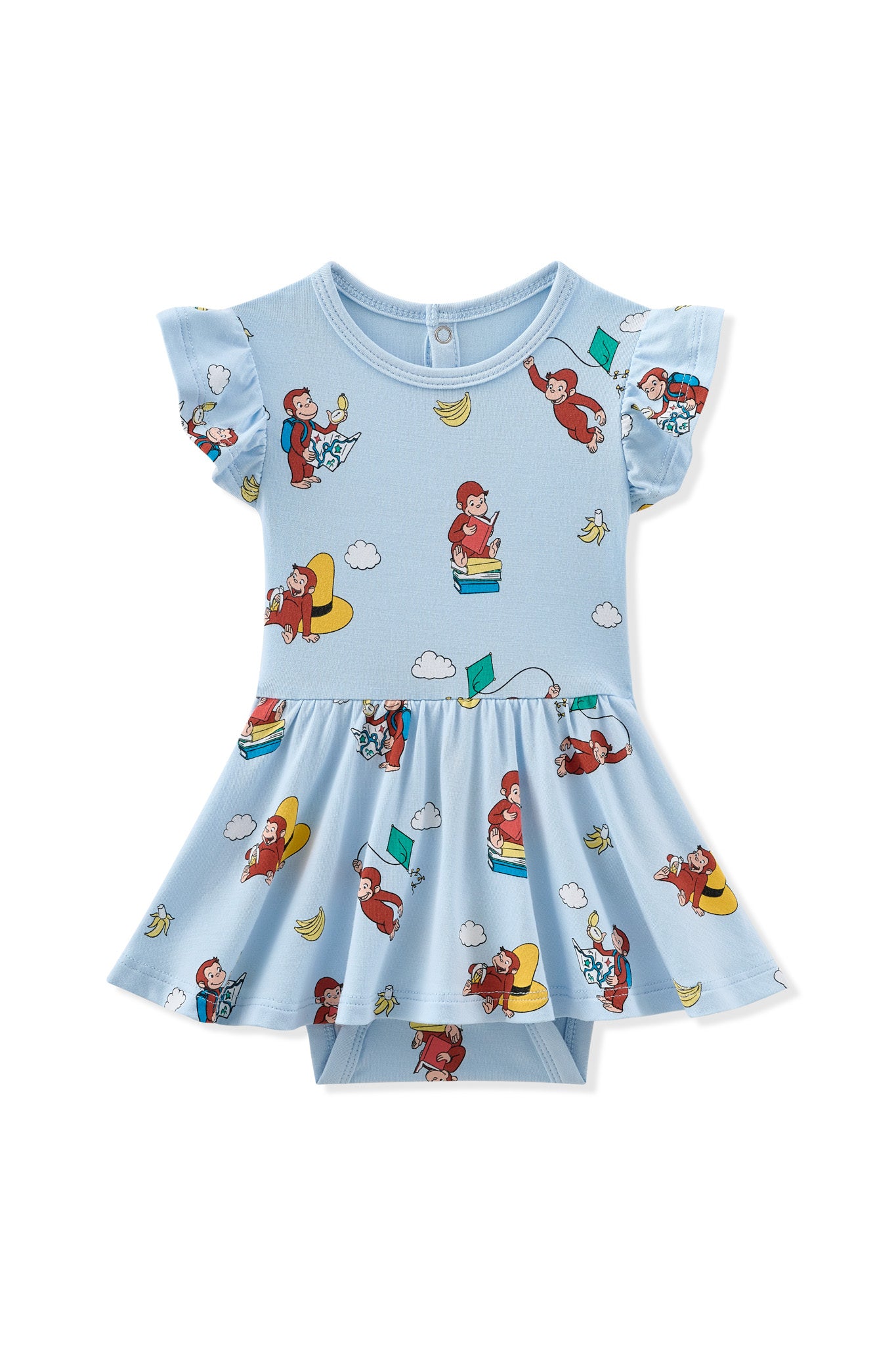 Blue Twirl Bodysuit Dress in Curious George print on a white background