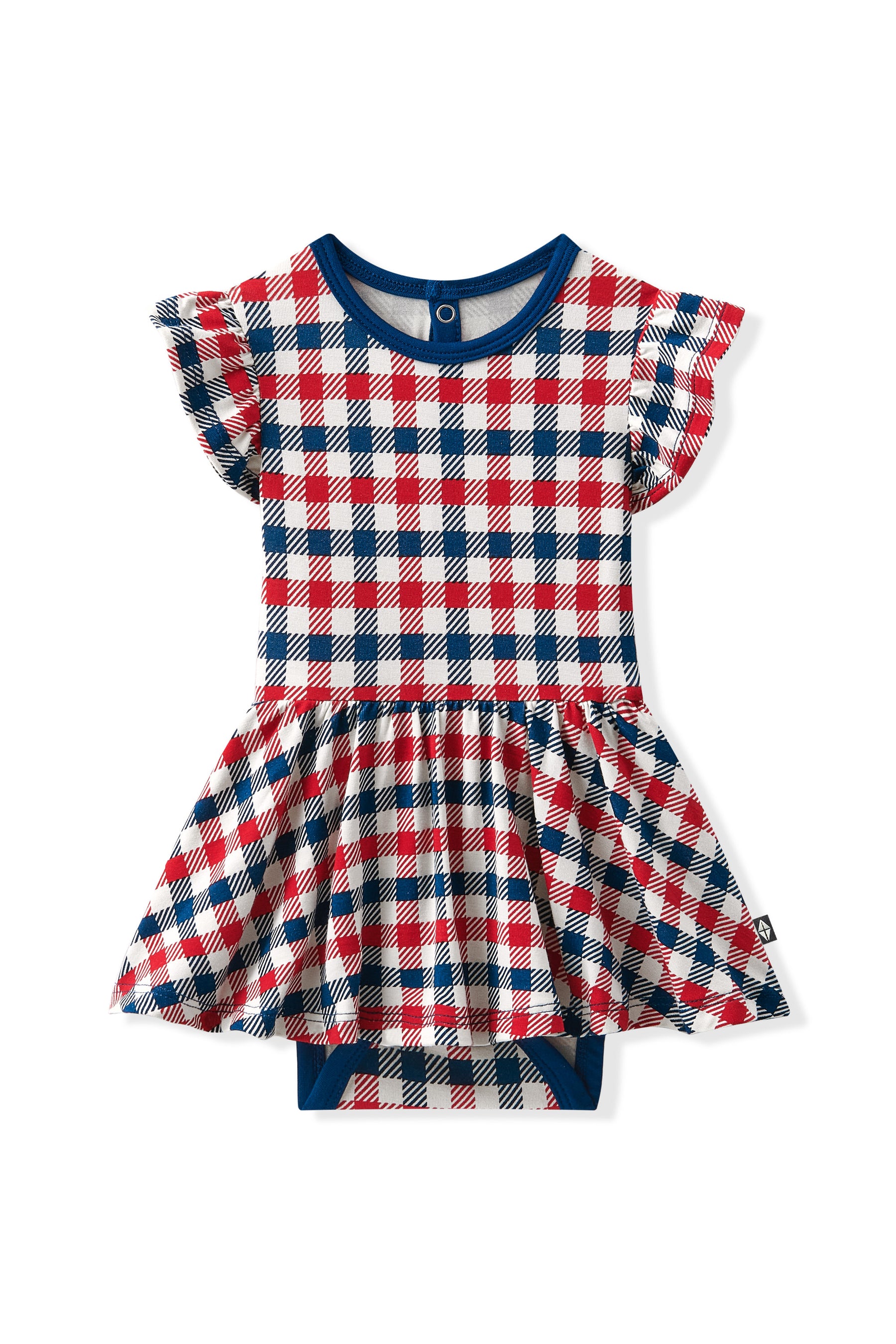 Twirl Bodysuit Dress in red blue and white Patriotic Gingham check print on a white background