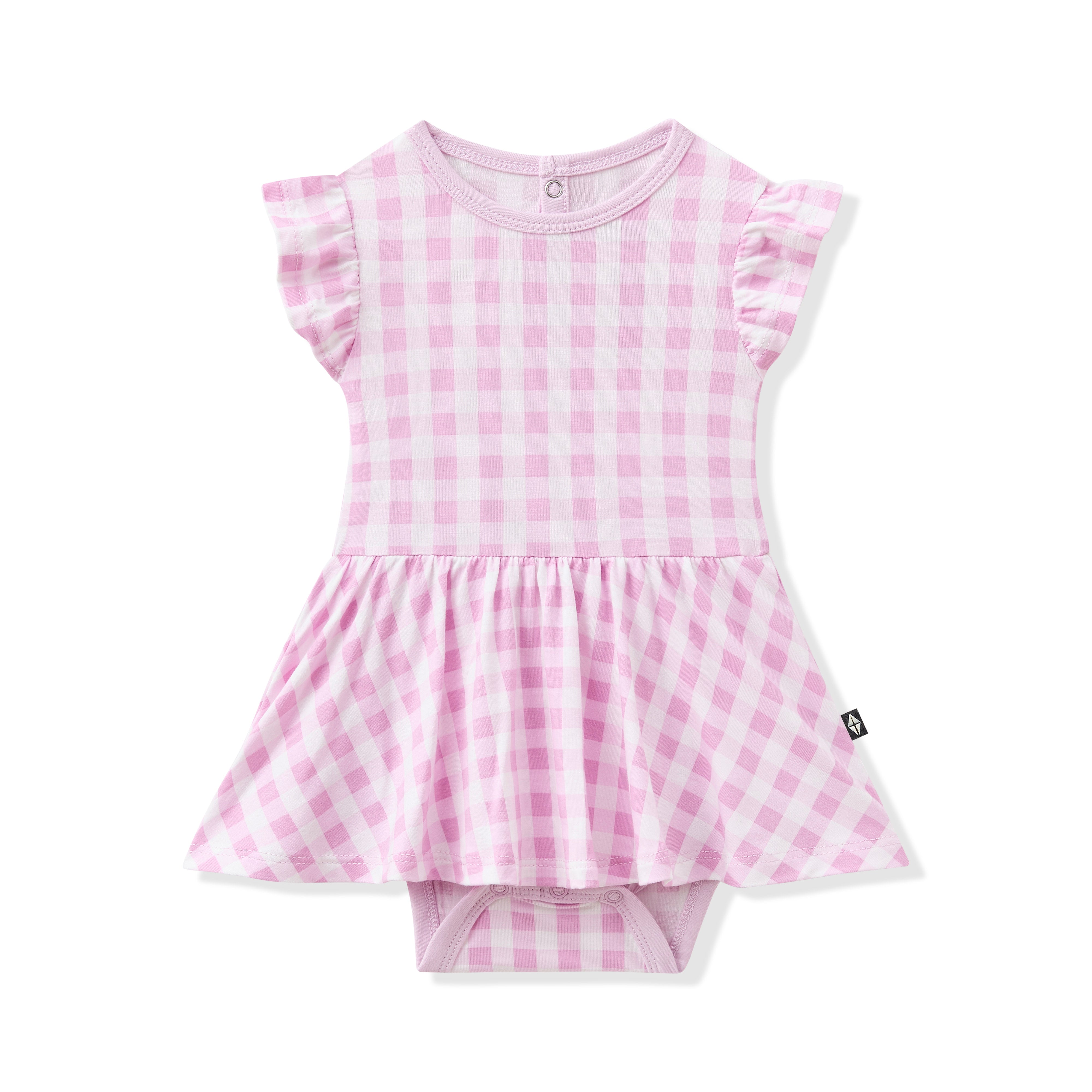 Product photo of the Twirl Bodysuit Dress in Gingham Thistle shown on a white background