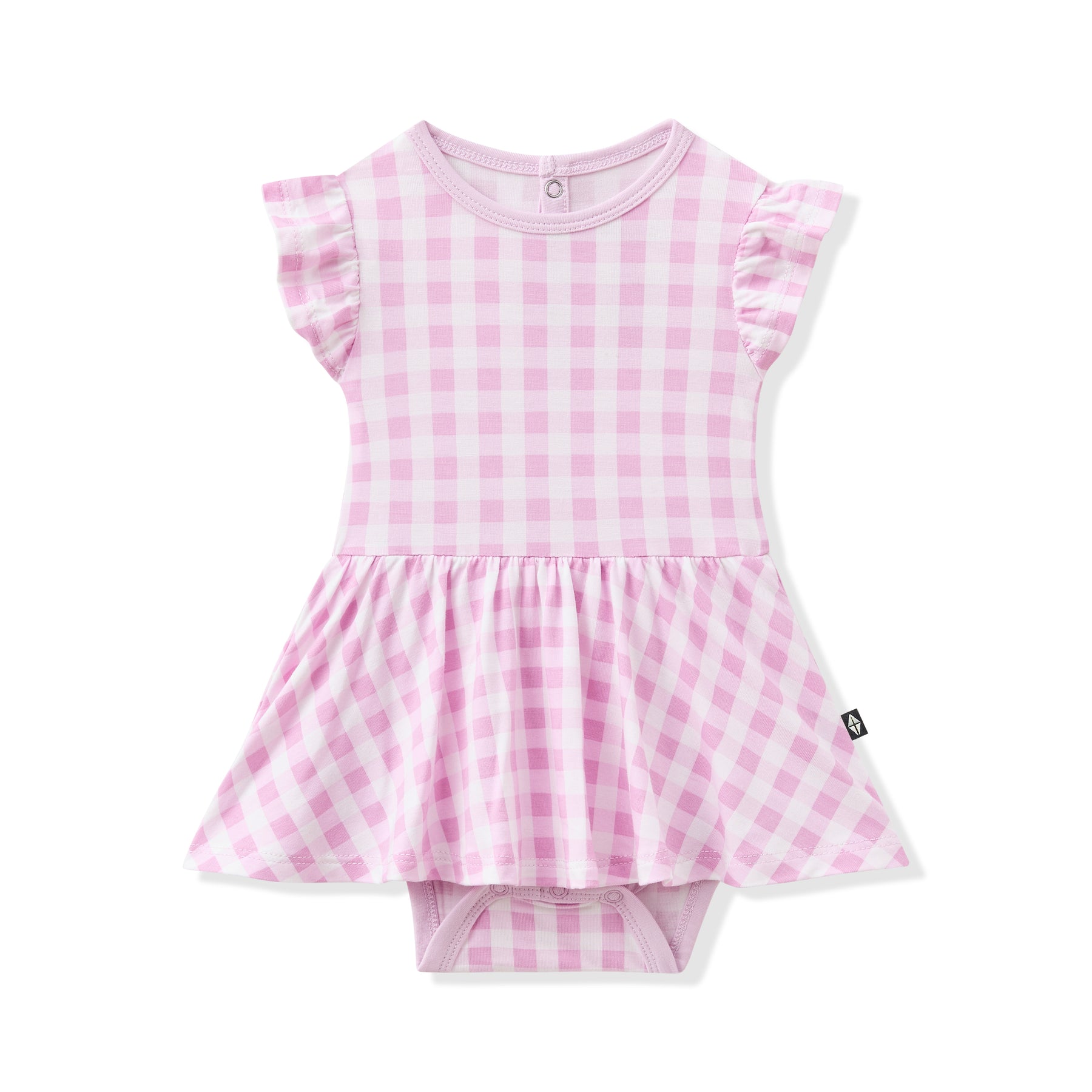 Product photo of the Twirl Bodysuit Dress in Gingham Thistle shown on a white background
