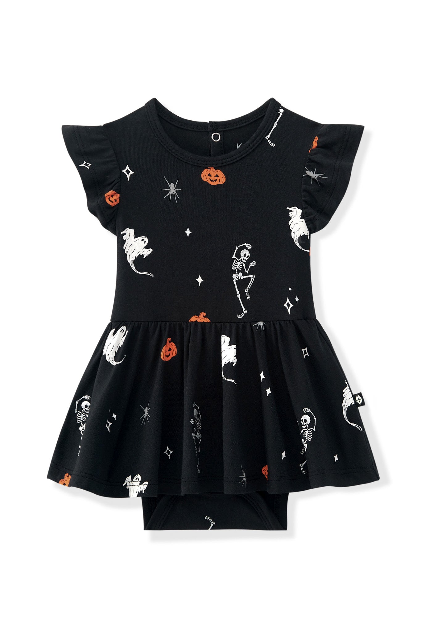 Black Twirl Bodysuit Dress in Halloween Friends print on a white background
