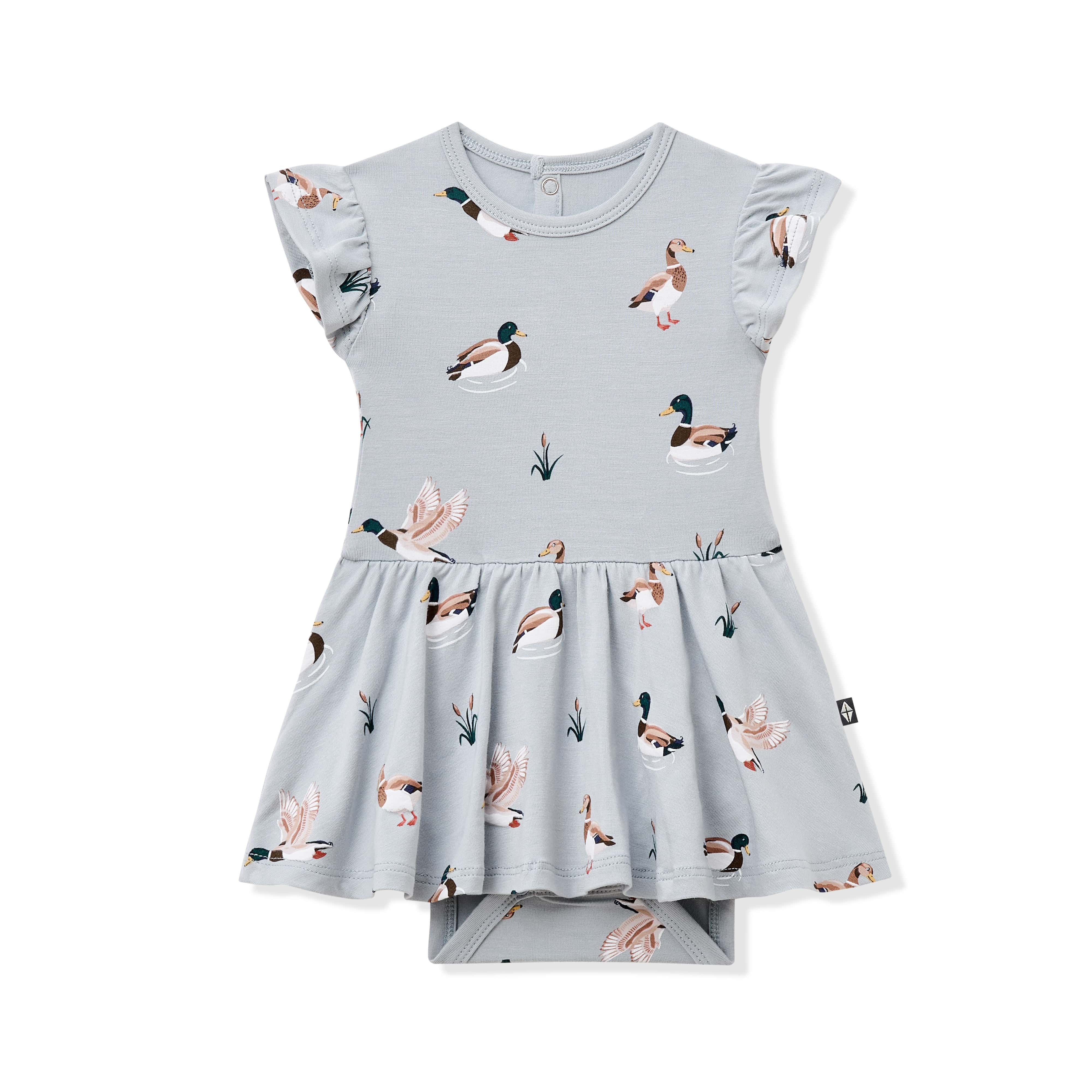 Product photo of the Twirl Bodysuit Dress in Mallard Duck on a white background