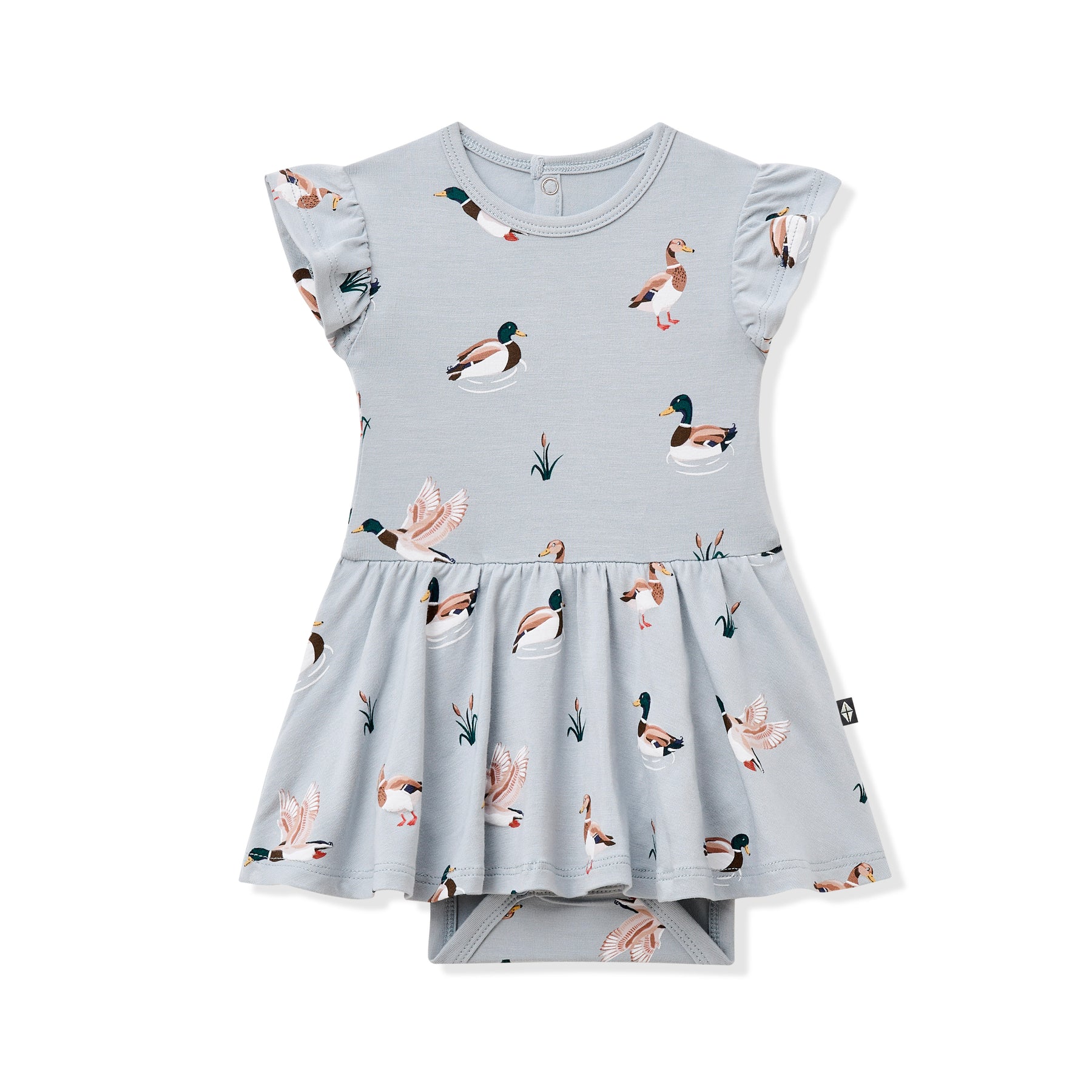 Product photo of the Twirl Bodysuit Dress in Mallard Duck on a white background
