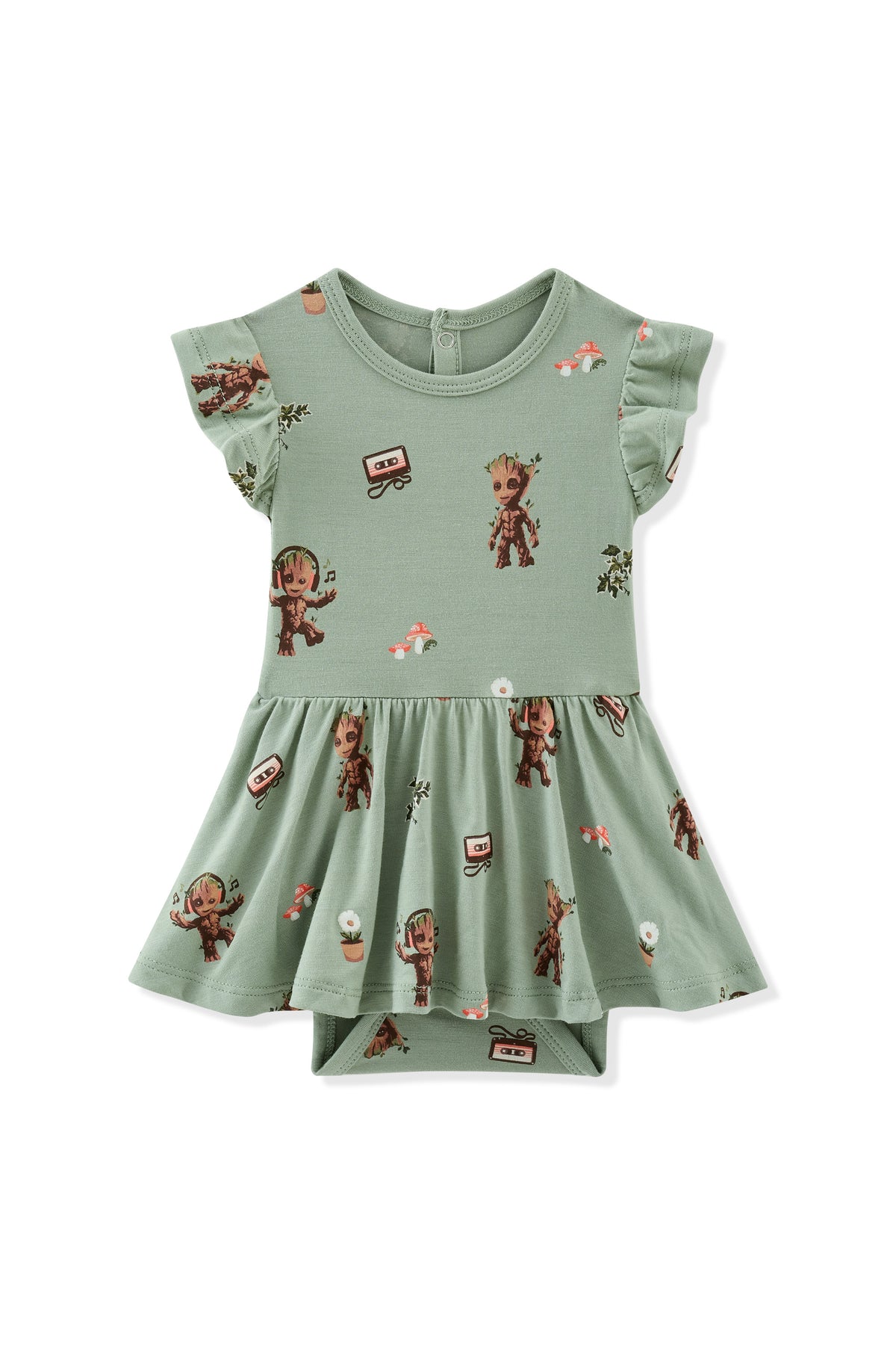 Green Twirl Bodysuit Dress with Groot print on white background