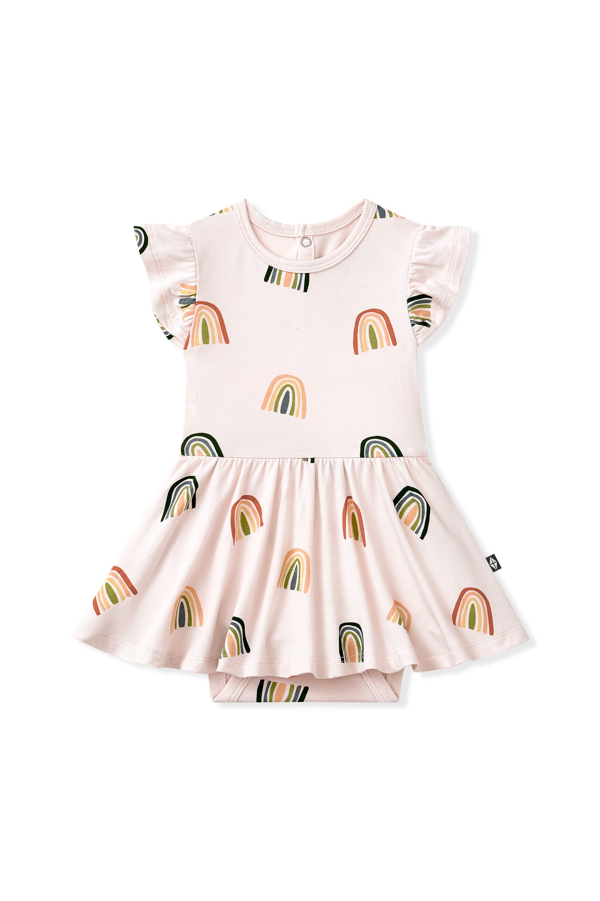 Vanilla Cream Twirl Bodysuit Dress in Retro Rainbow print on a white background