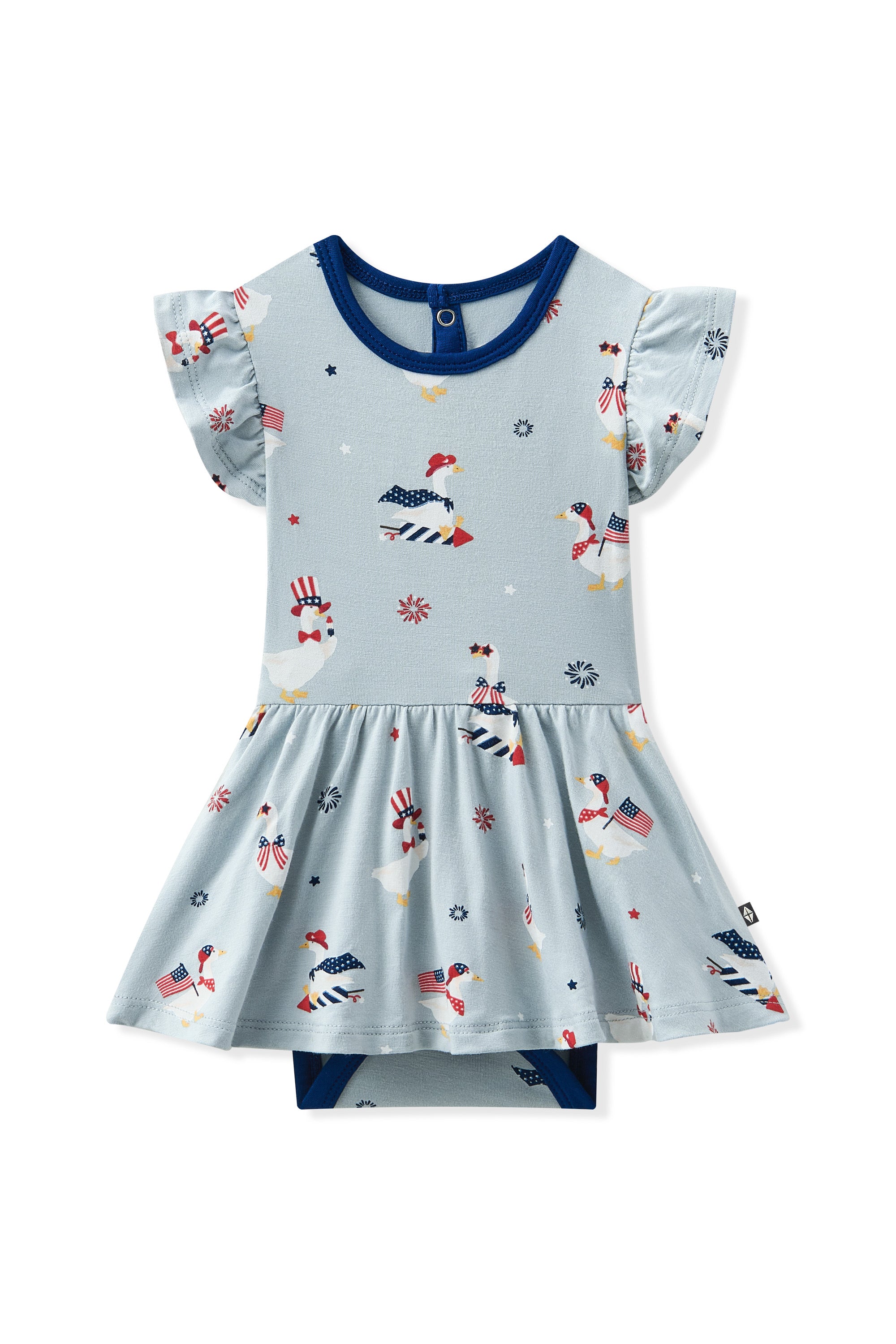 Light blue Twirl Bodysuit Dress in Patriotic Goose print on a white background